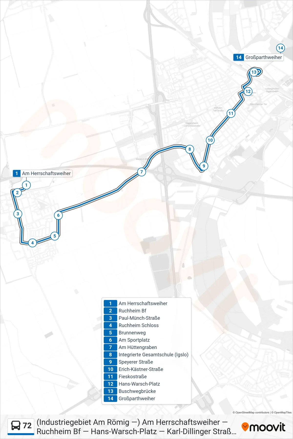Linie 72 (Bus) Richtung Melm: Route und Haltestellen auf der Karte