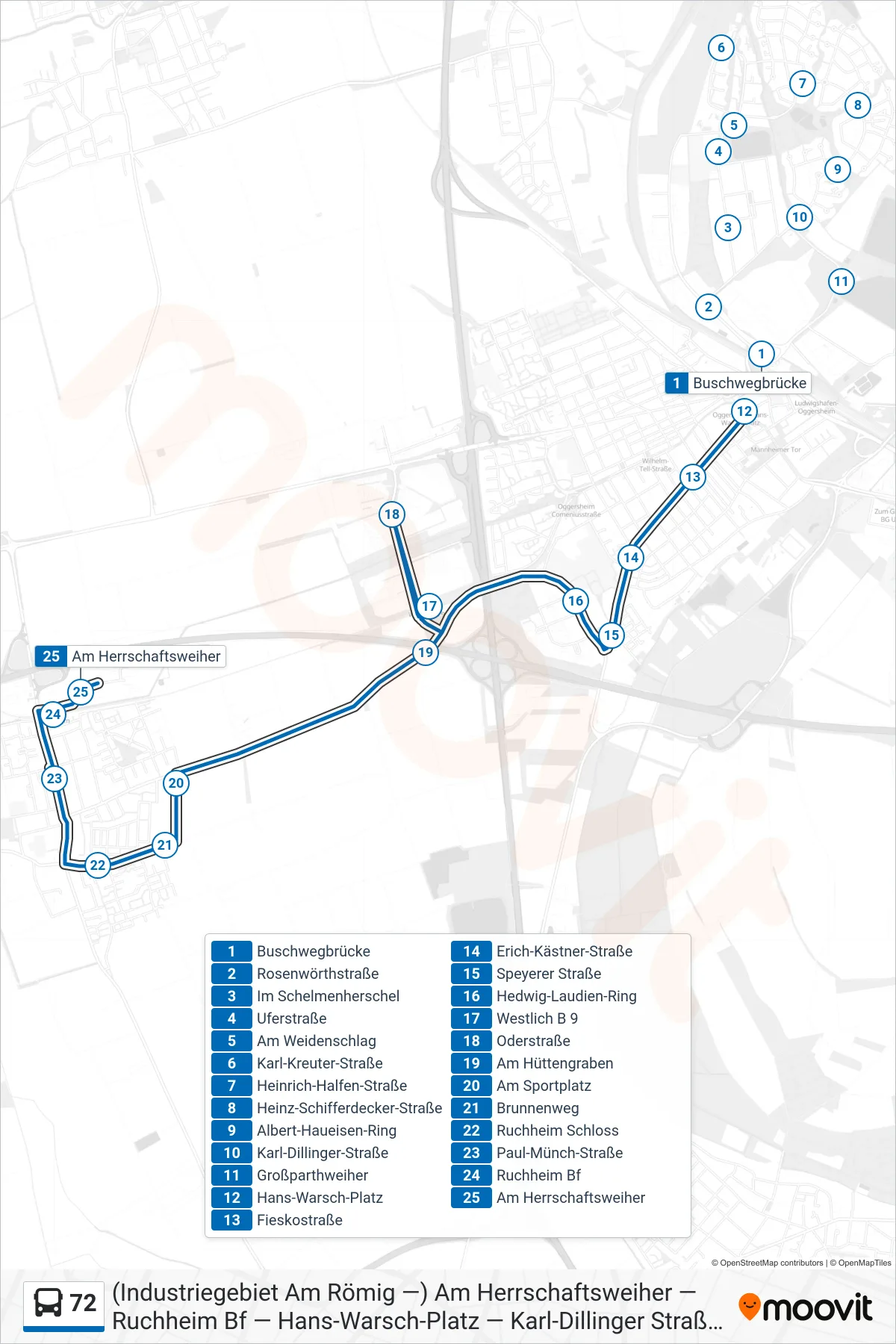72 bus Line (Ruchheim) route and stops on a map
