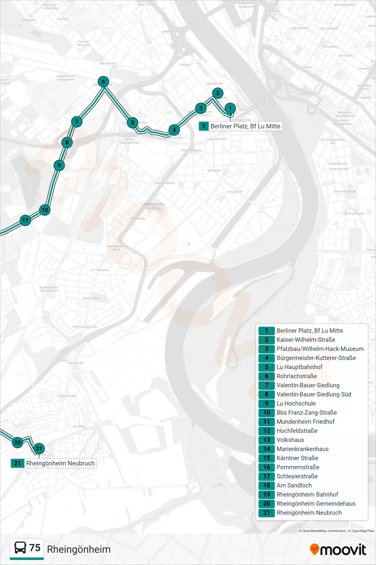75 bus Line (Rheingönheim) route and stops on a map