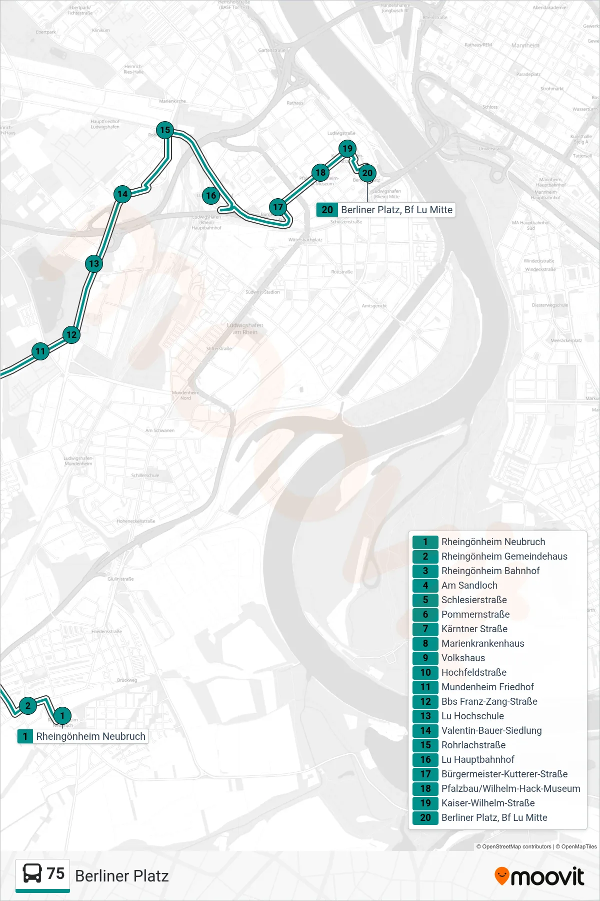 Linie 75 (Bus) Richtung Berliner Platz: Route und Haltestellen auf der Karte