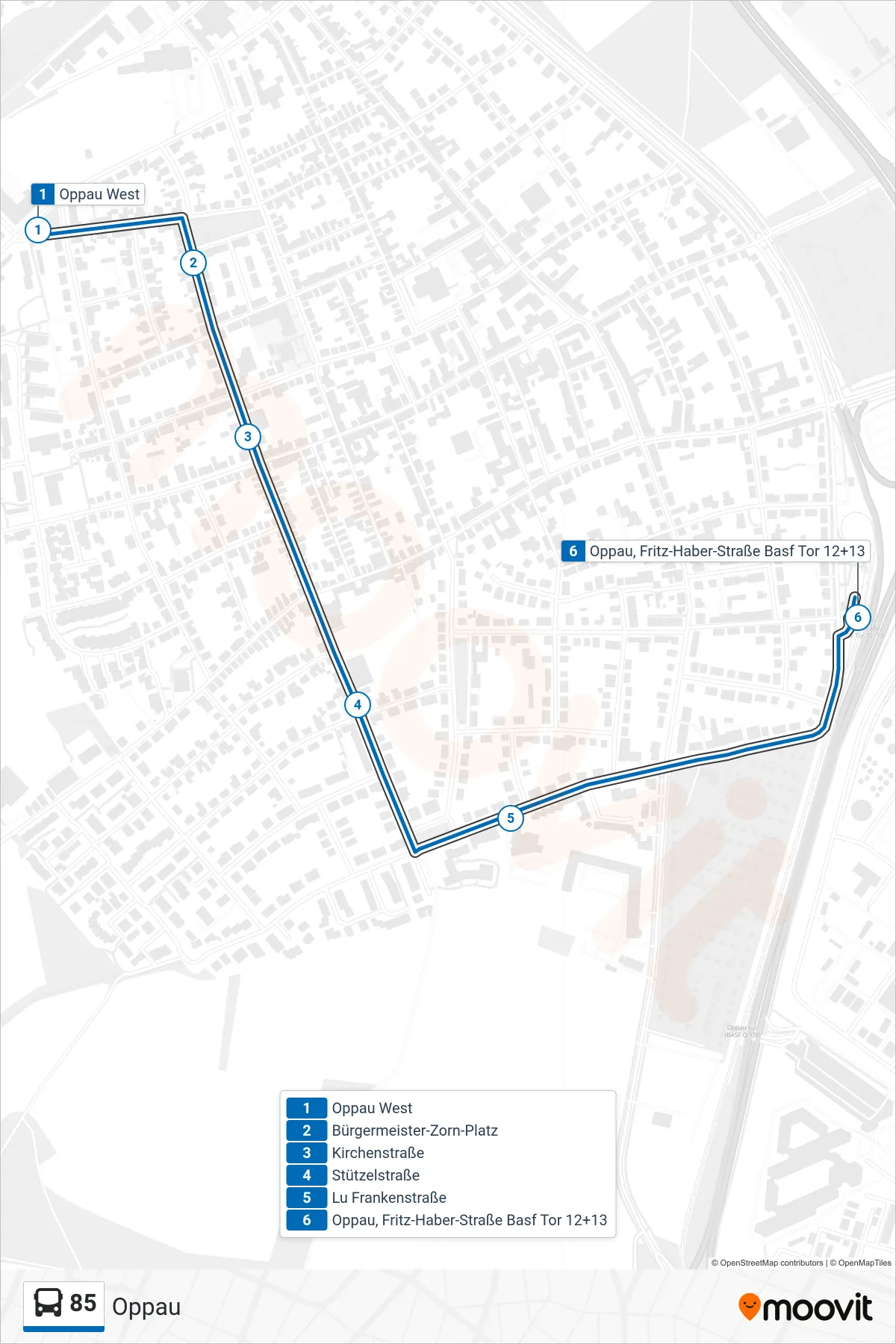 Linie 85 (Bus) Richtung Oppau: Route und Haltestellen auf der Karte