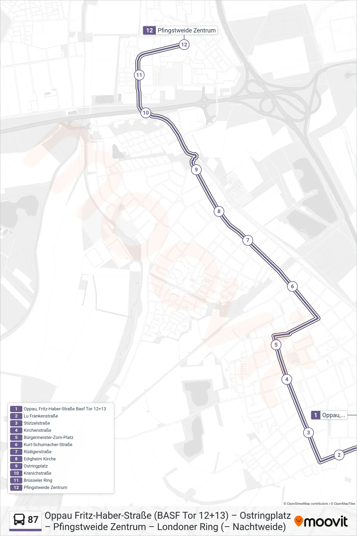 87 bus Line (Pfingstweide) route and stops on a map