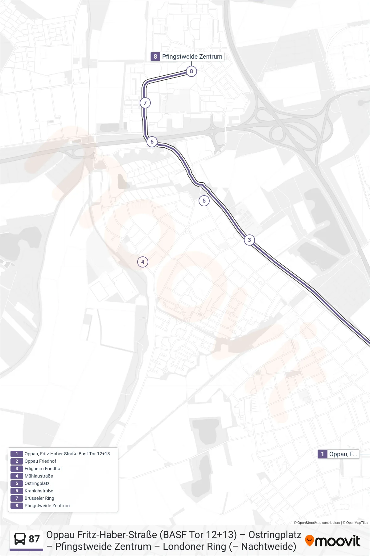 87 bus Line (Pfingstweide Zentrum) route and stops on a map