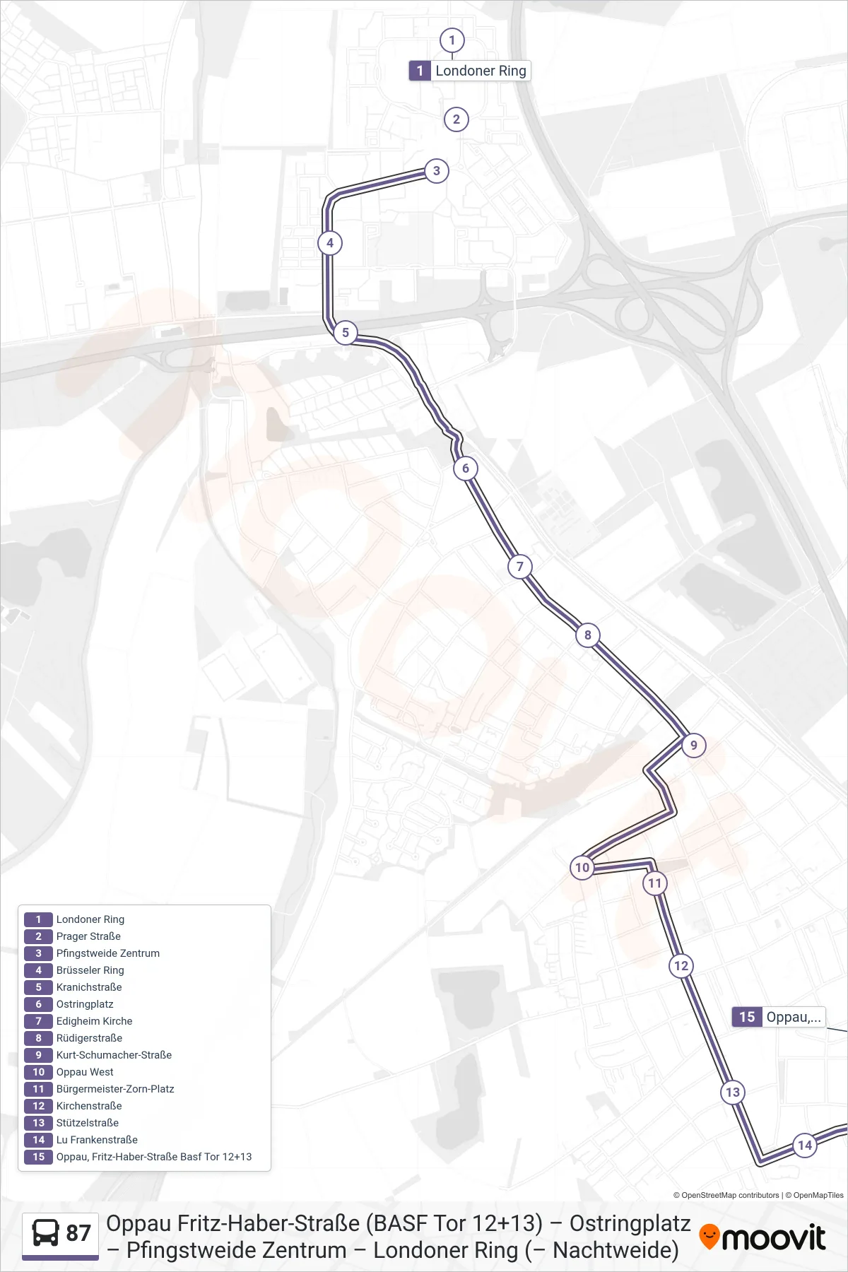 87 bus Line (Basf) route and stops on a map
