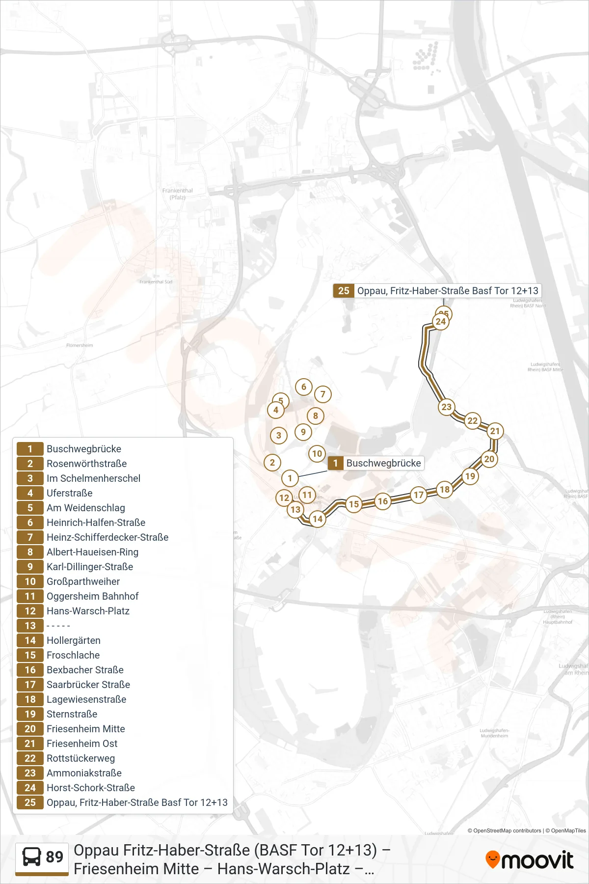 Linie 89 (Bus) Richtung Oppau: Route und Haltestellen auf der Karte