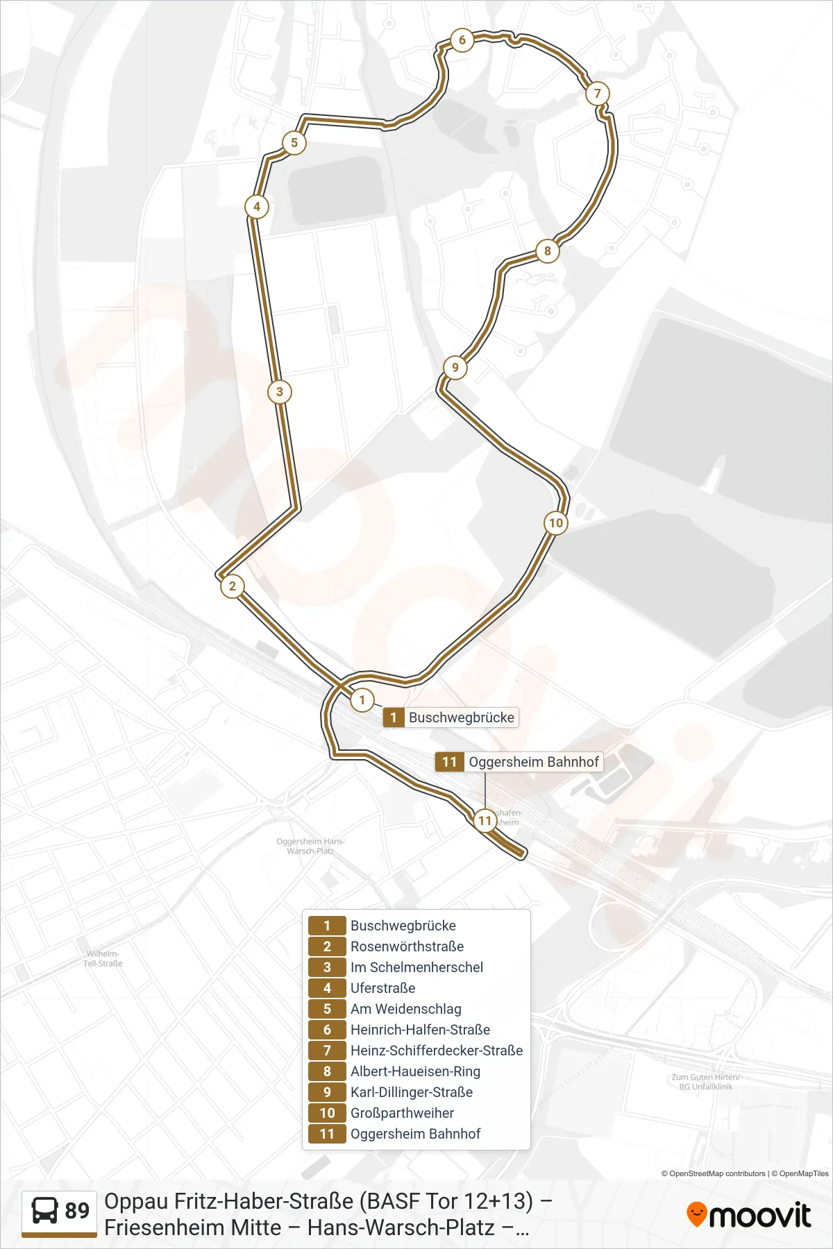 89 bus Line (Oggersheim Bahnhof) route and stops on a map