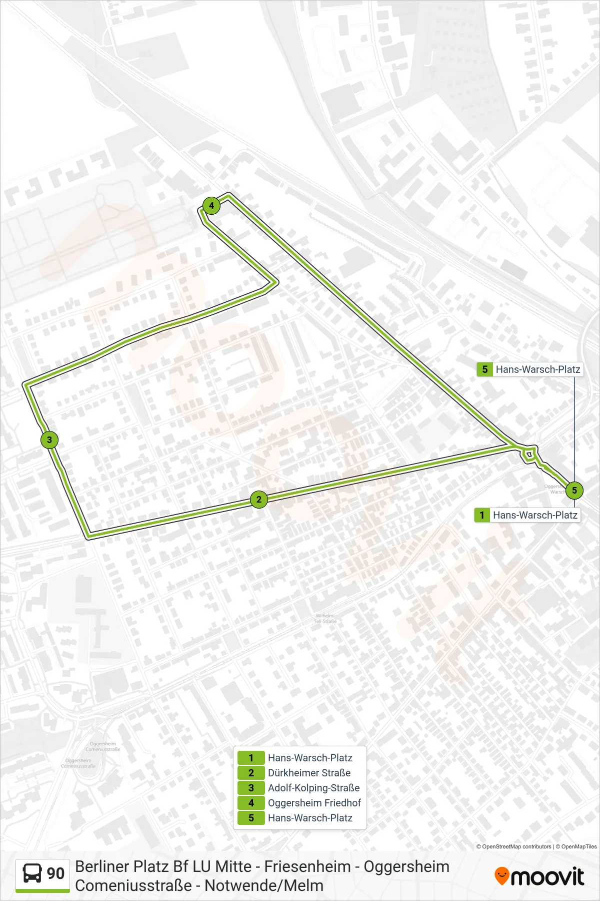 90 bus Line (Adolf-Kolping-Straße) route and stops on a map