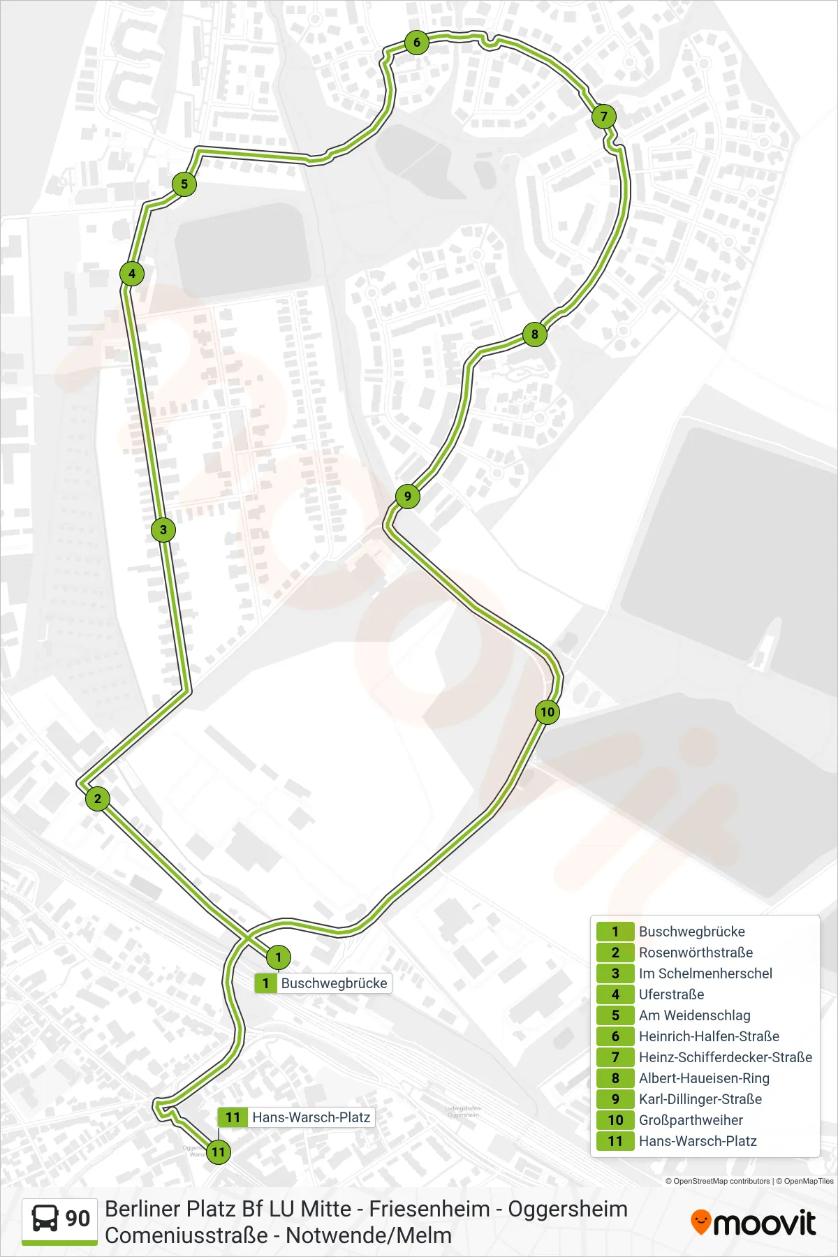 Linie 90 (Bus) Richtung Hans-Warsch-Platz: Route und Haltestellen auf der Karte