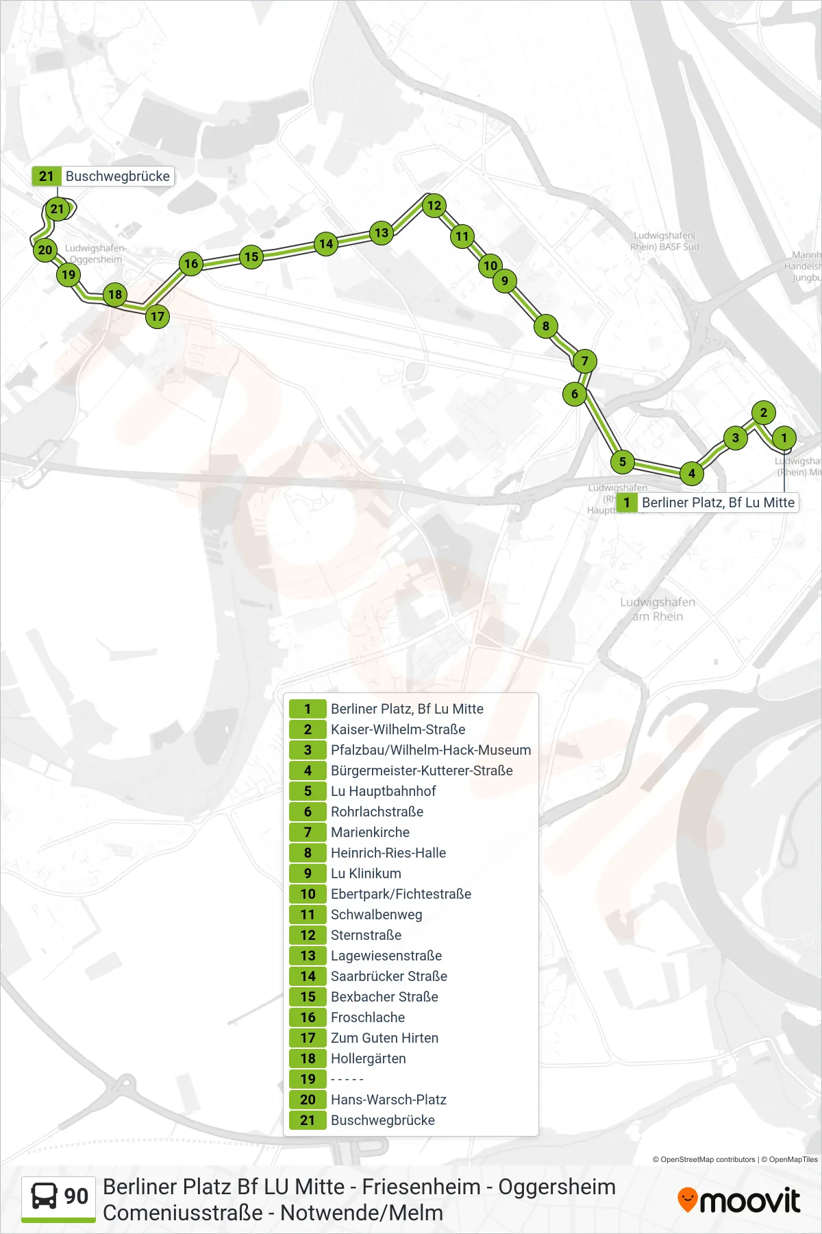 90 bus Line (Notwende) route and stops on a map