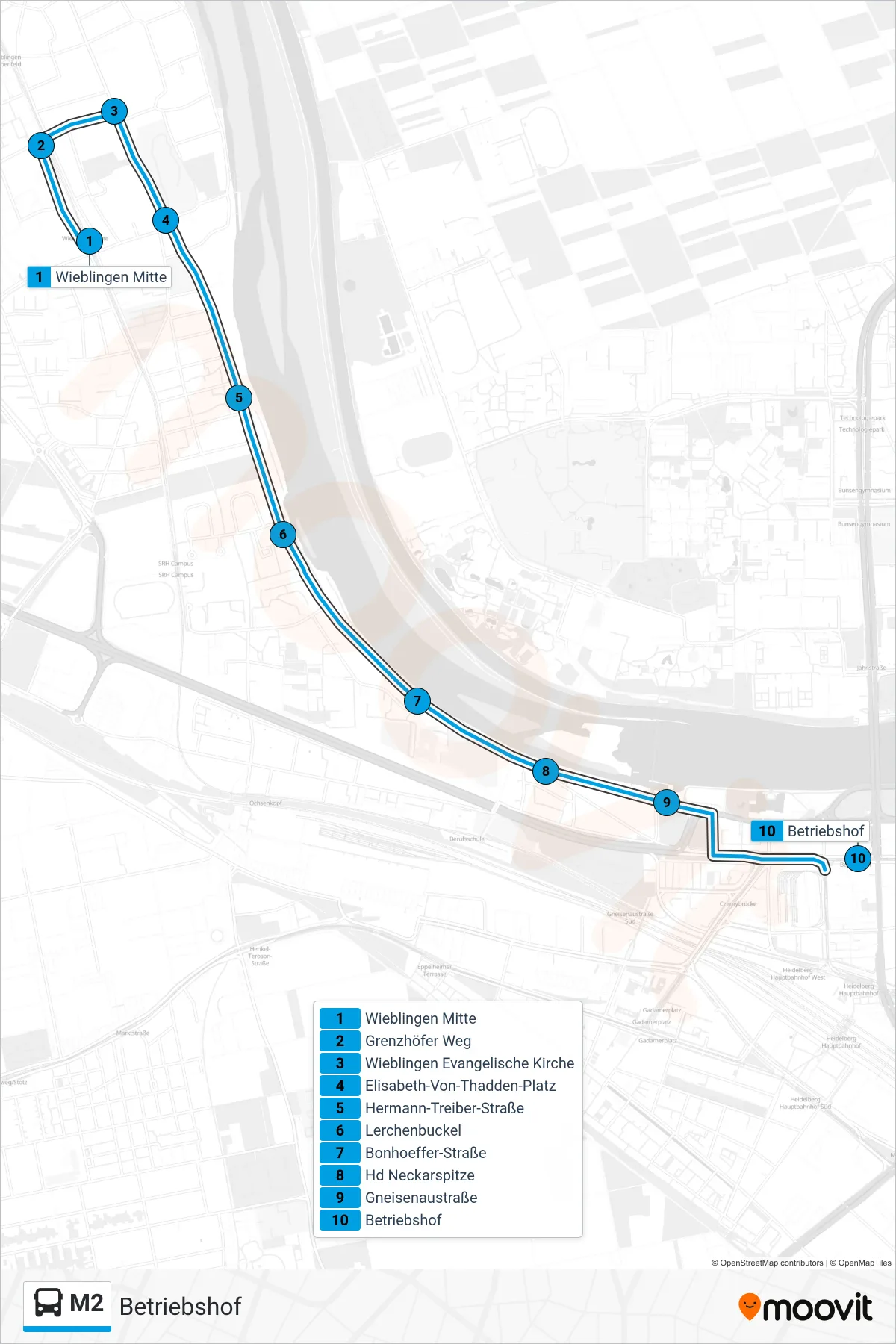 Linie M2 (Bus) Richtung Betriebshof: Route und Haltestellen auf der Karte