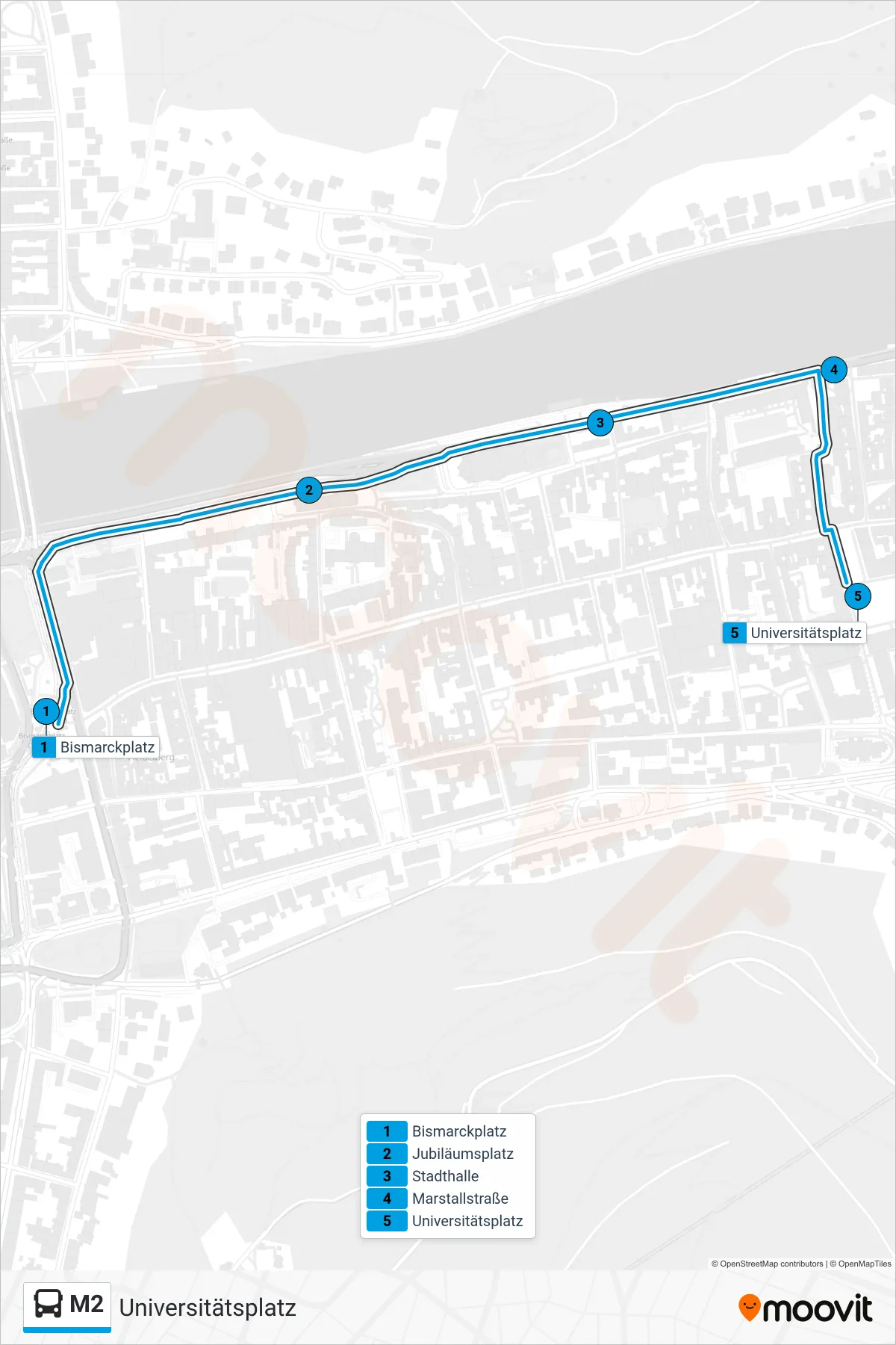 Linie M2 (Bus) Richtung Universitätsplatz: Route und Haltestellen auf der Karte