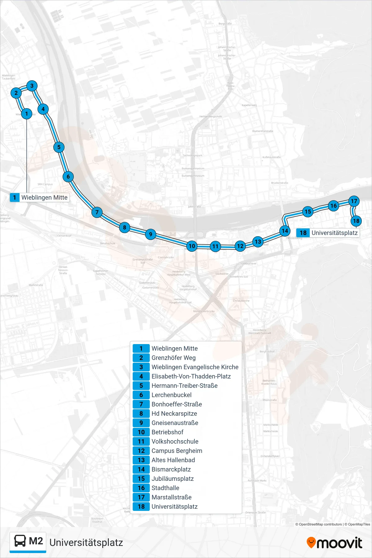 Linie M2 (Bus) Richtung Universitätsplatz: Route und Haltestellen auf der Karte