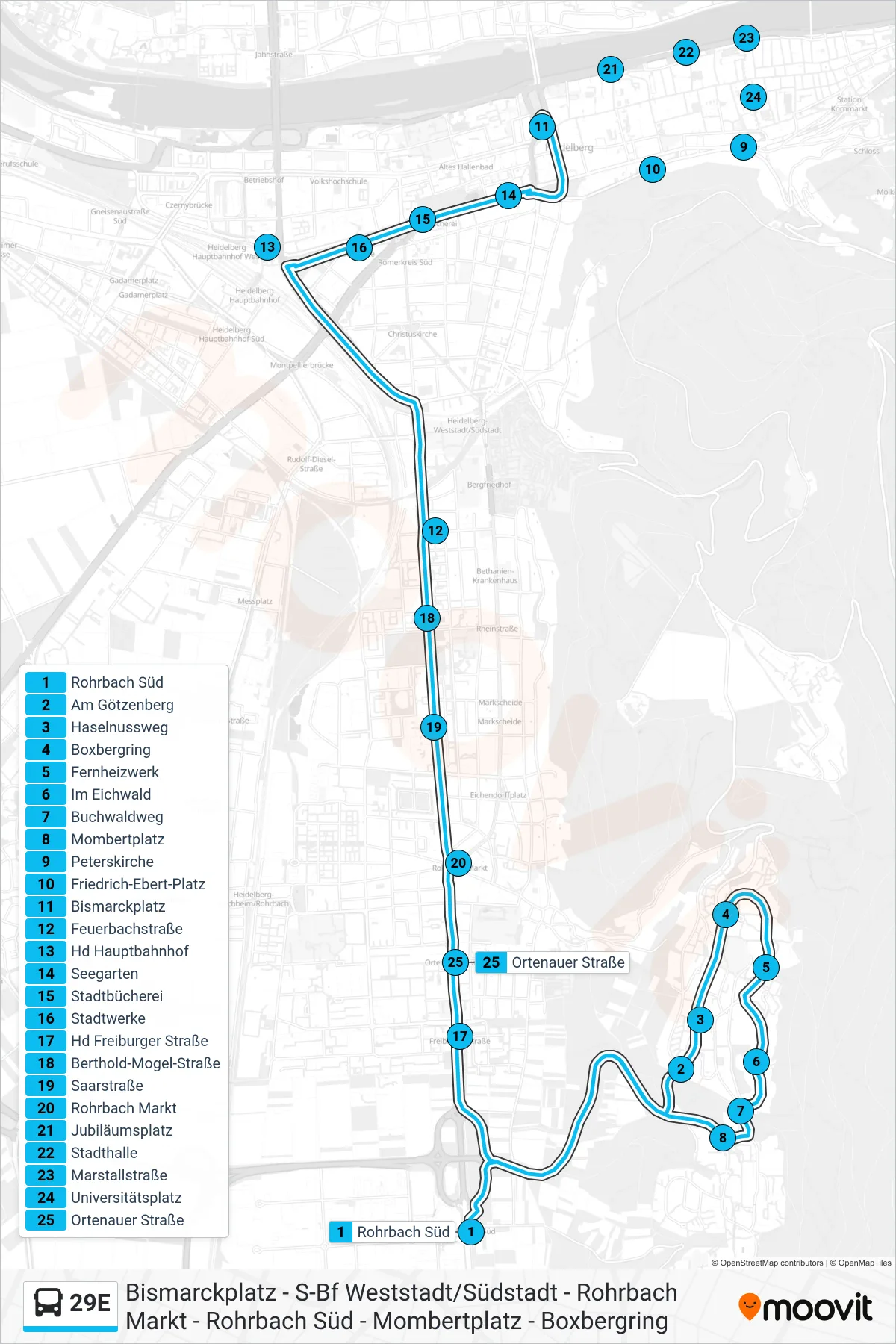 29E bus Line (Boxbergring) route and stops on a map