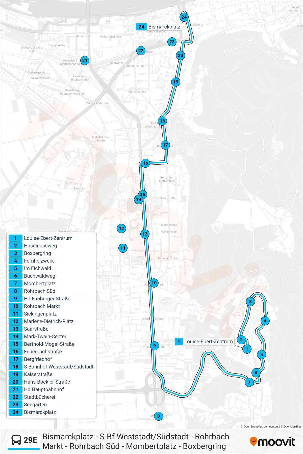 29E bus Line (Bismarckplatz) route and stops on a map