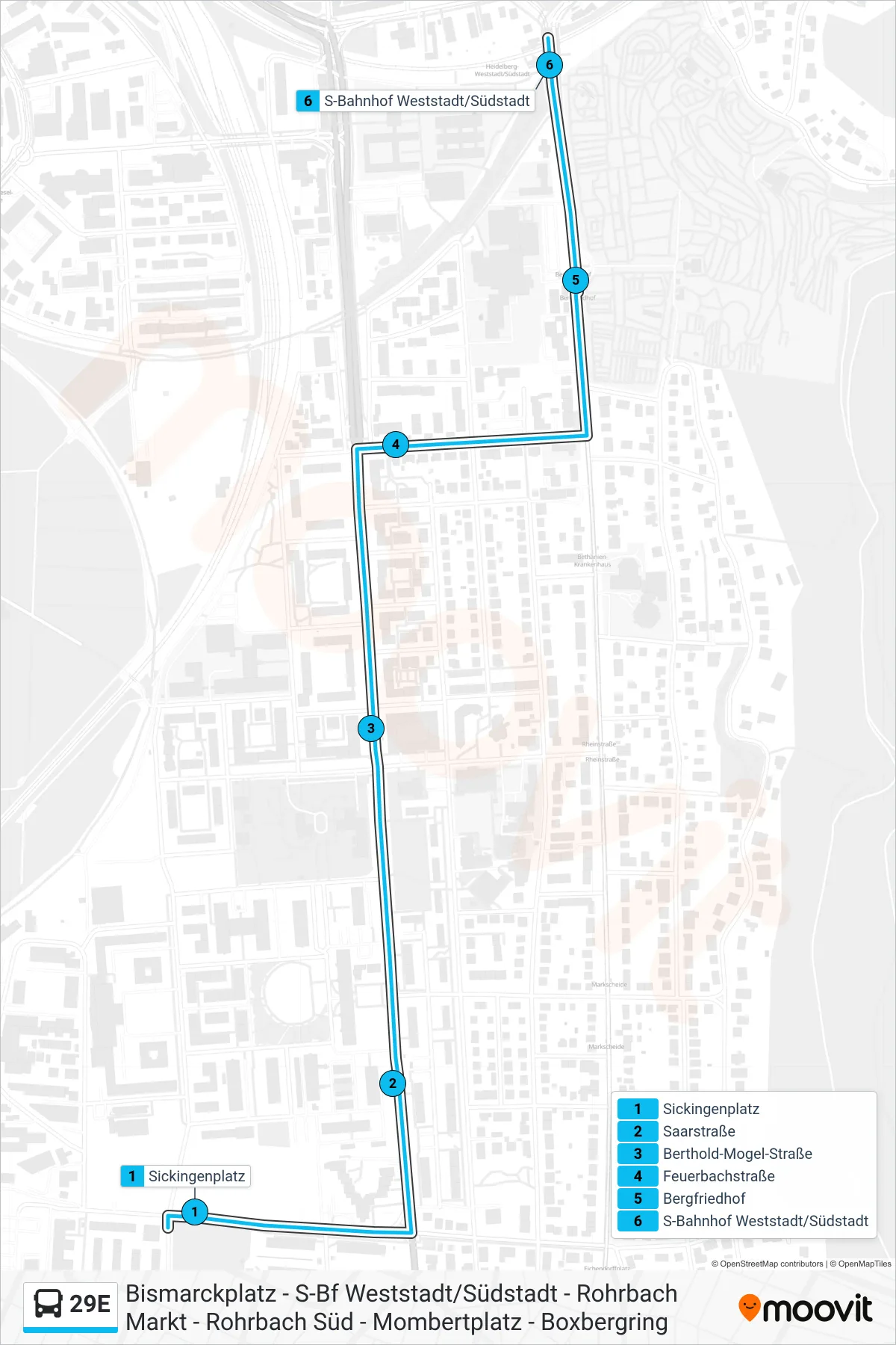 Linie 29E (Bus) Richtung Weststadt: Route und Haltestellen auf der Karte