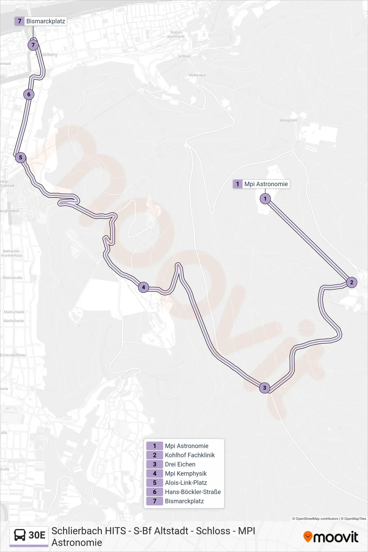 30E bus Line (Bismarckplatz) route and stops on a map