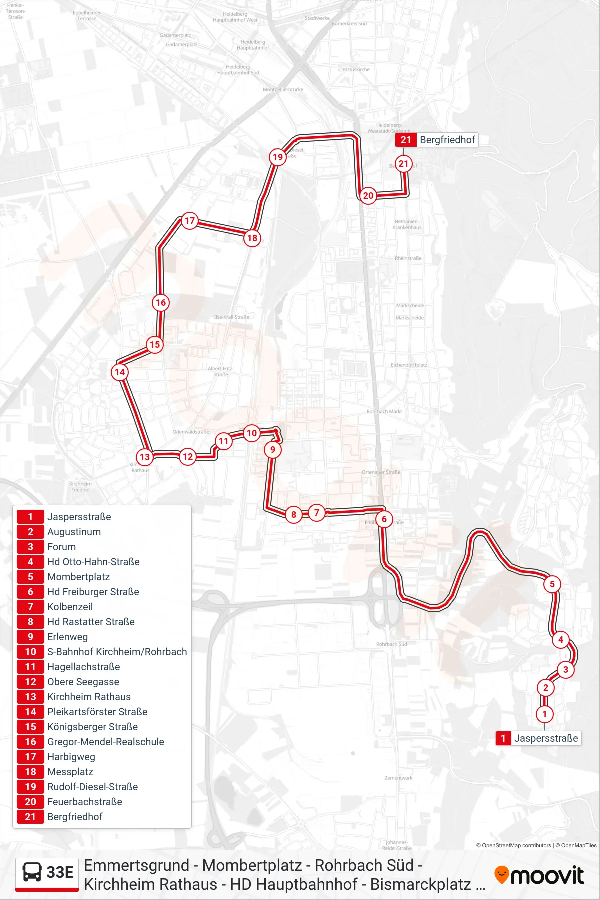 Linie 33E (Bus) Richtung Bergfriedhof: Route und Haltestellen auf der Karte