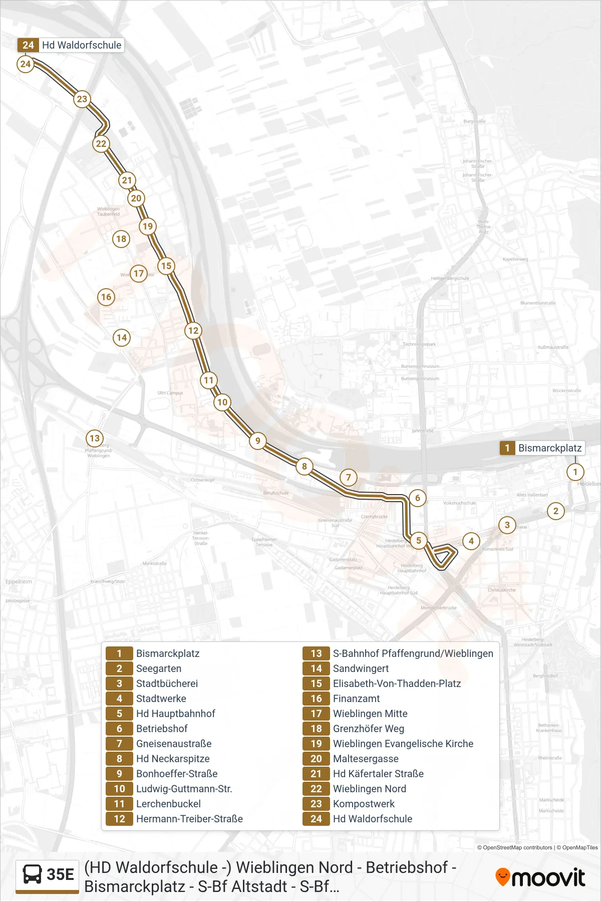 35E bus Line (Waldorfschule Hd) route and stops on a map