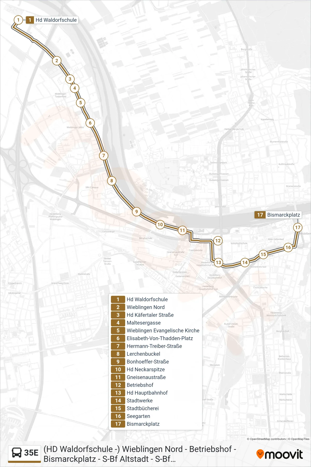 35E bus Line (Bismarckplatz) route and stops on a map