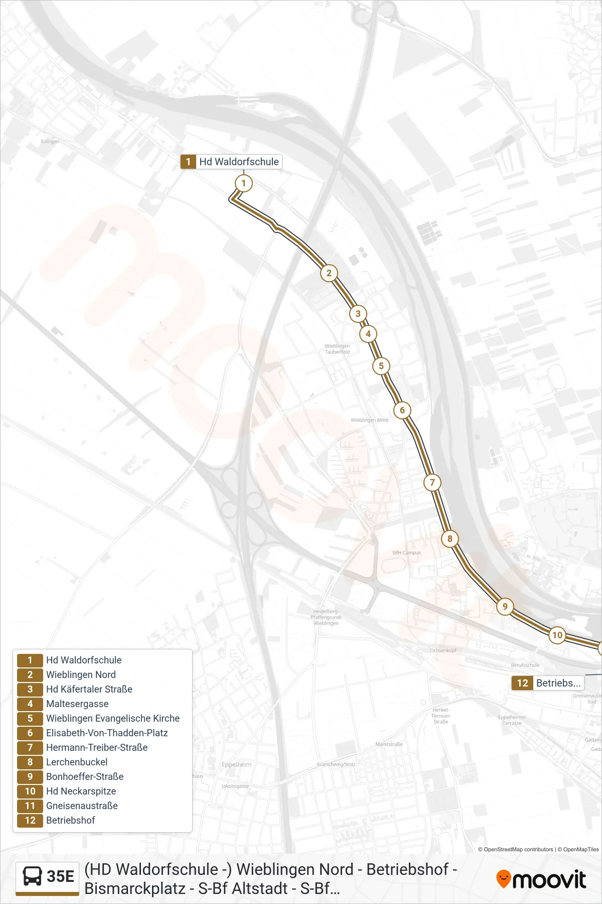 Linie 35E (Bus) Richtung Wilhelmsfeld: Route und Haltestellen auf der Karte