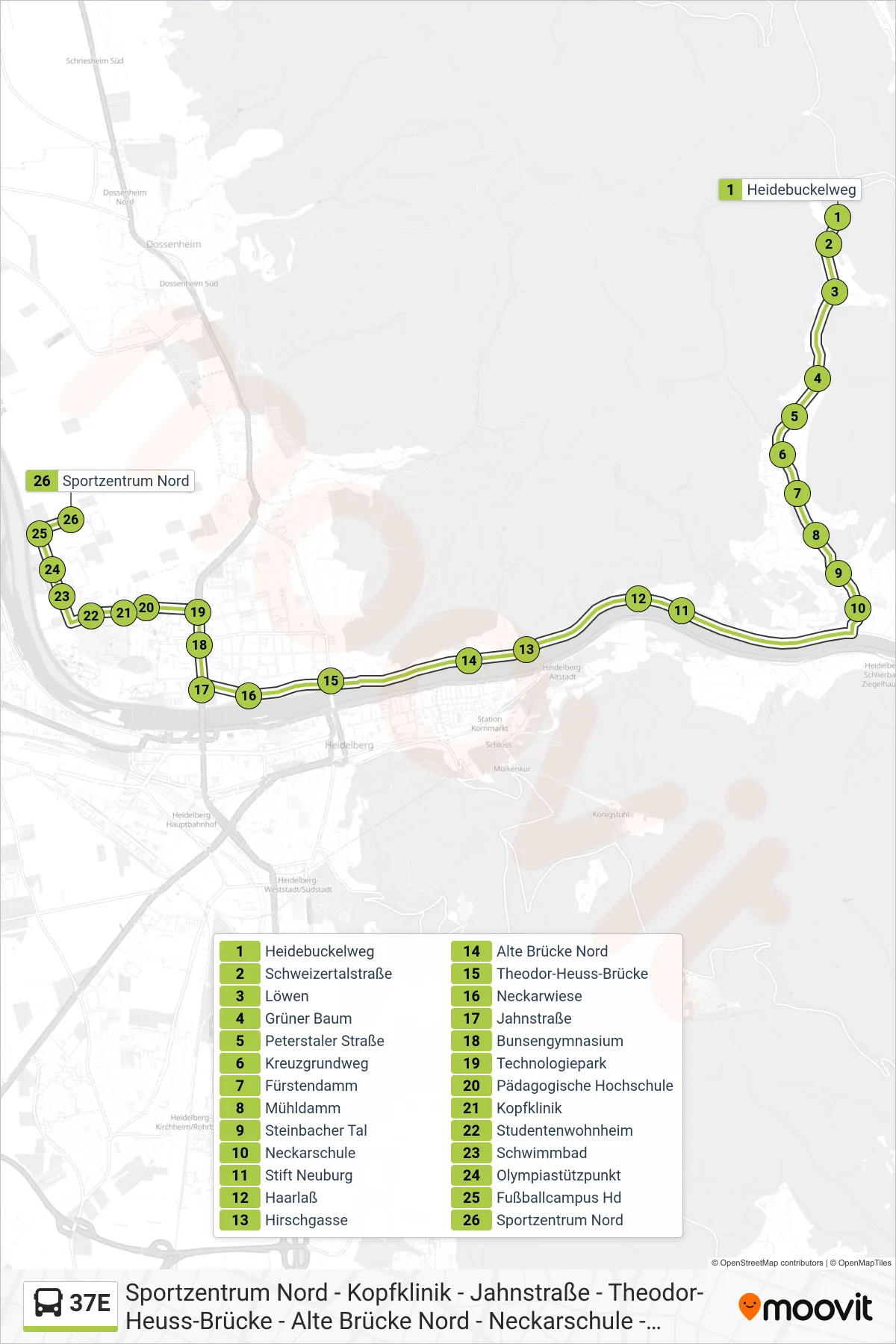 Linie 37E (Bus) Richtung Sportzentrum Nord: Route und Haltestellen auf der Karte