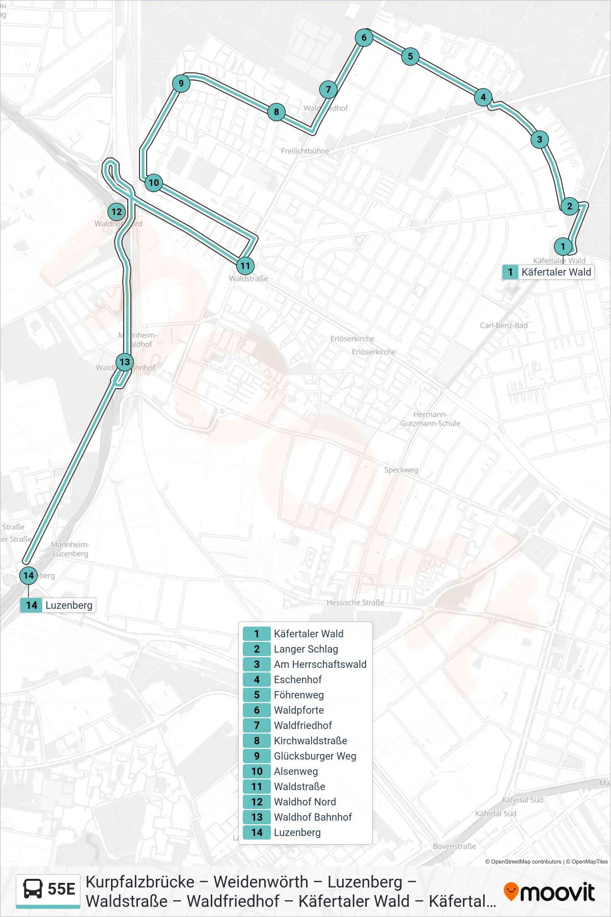 Linie 55E (Bus) Richtung Herzogenriedstraße: Route und Haltestellen auf der Karte