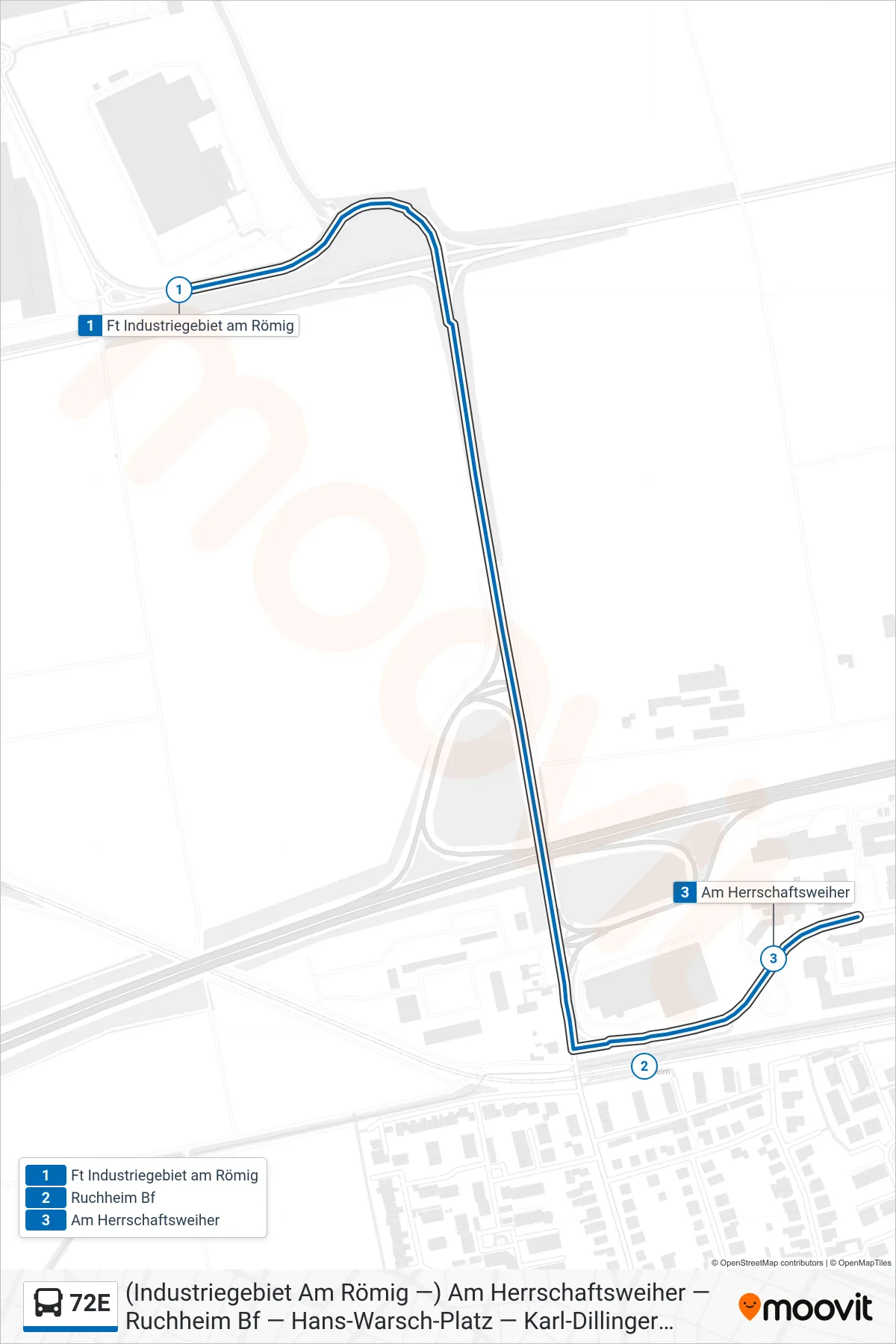 72E bus Line (Ruchheim) route and stops on a map