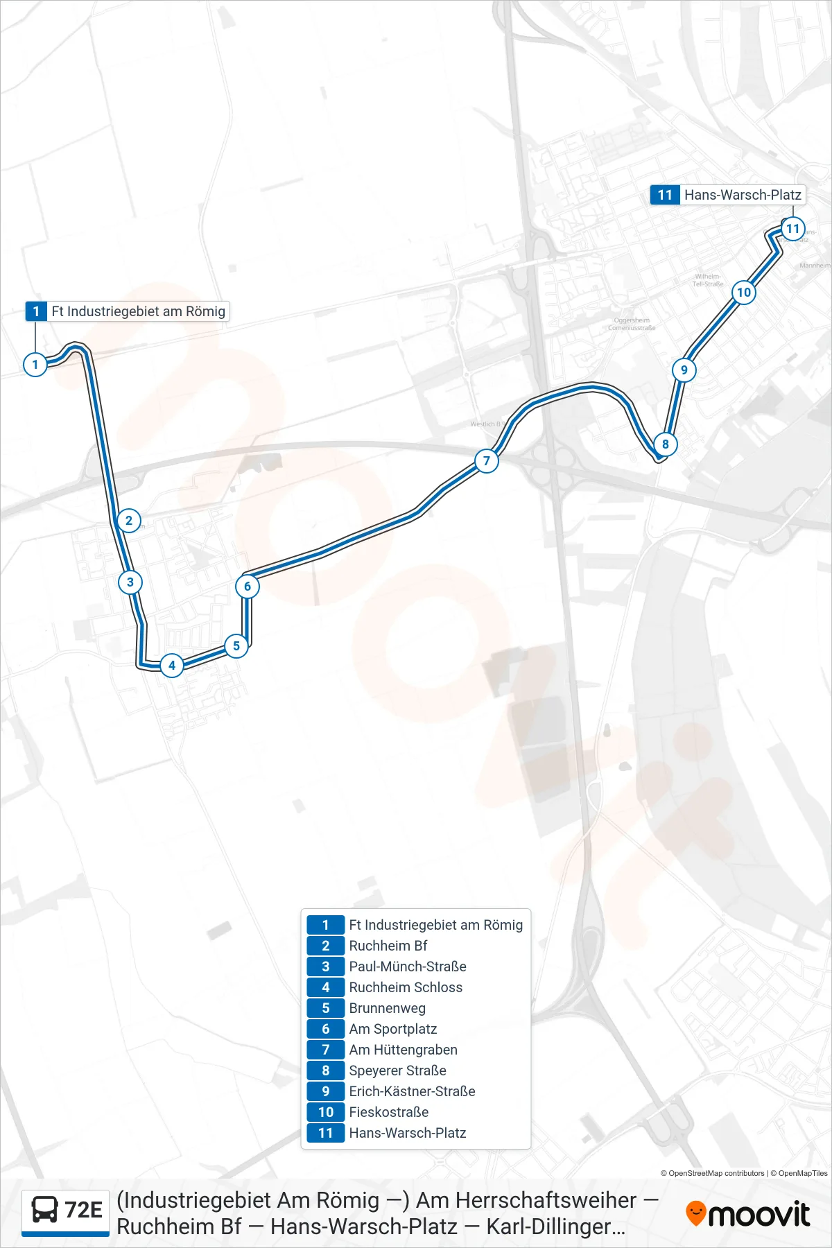 Linie 72E (Bus) Richtung Hans-Warsch-Platz: Route und Haltestellen auf der Karte