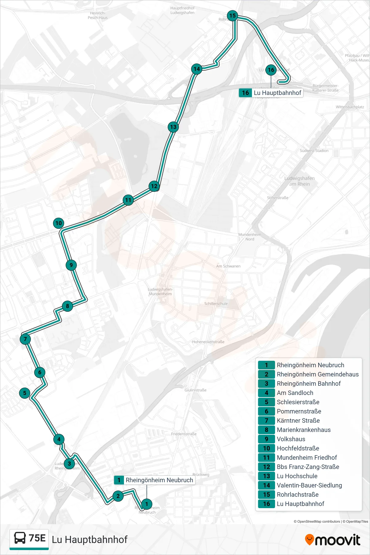 Linie 75E (Bus) Richtung Lu Hauptbahnhof: Route und Haltestellen auf der Karte