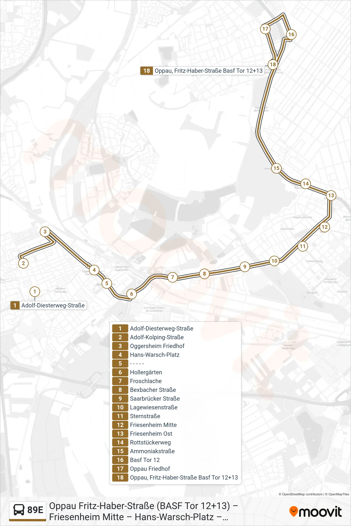 89E bus Line (Oppau) route and stops on a map