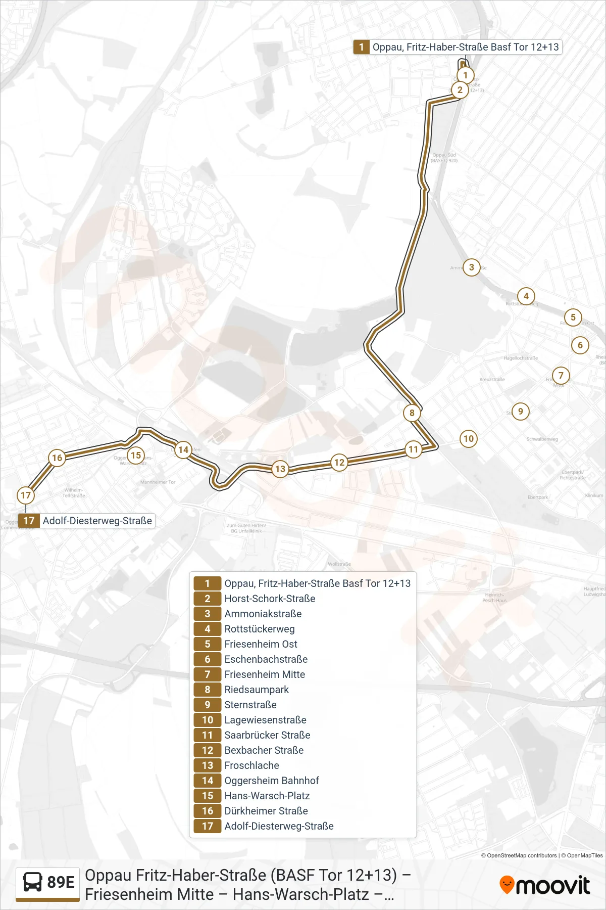 89E bus Line (Adolf-Diesterweg-Str) route and stops on a map