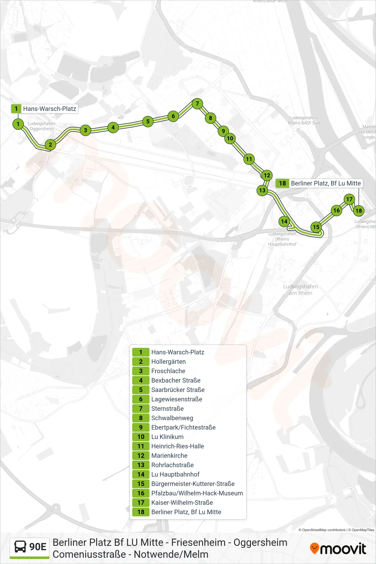 Linie 90E (Bus) Richtung Berliner Platz: Route und Haltestellen auf der Karte