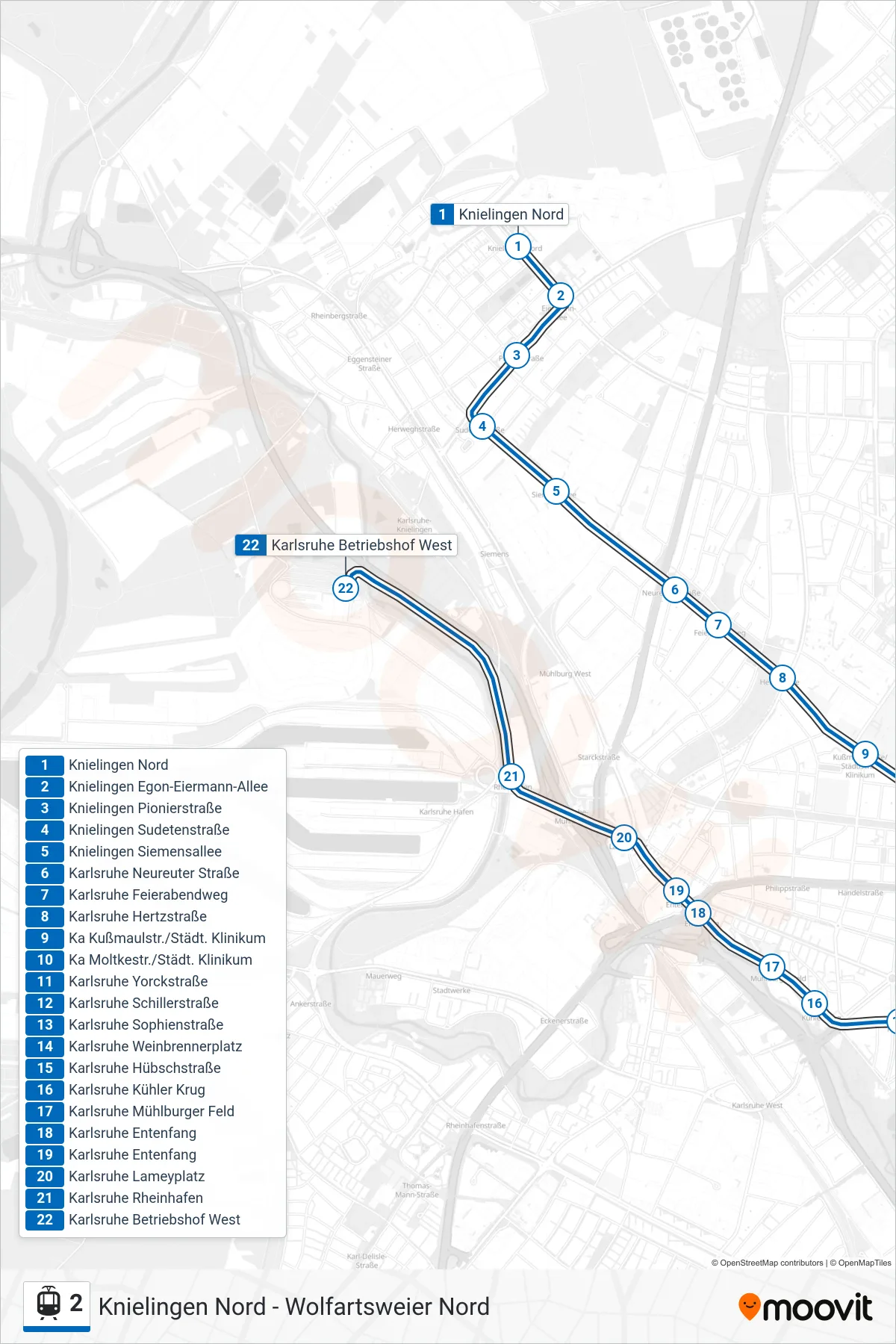 2 light rail Line (Karlsruhe Betriebshof West) route and stops on a map