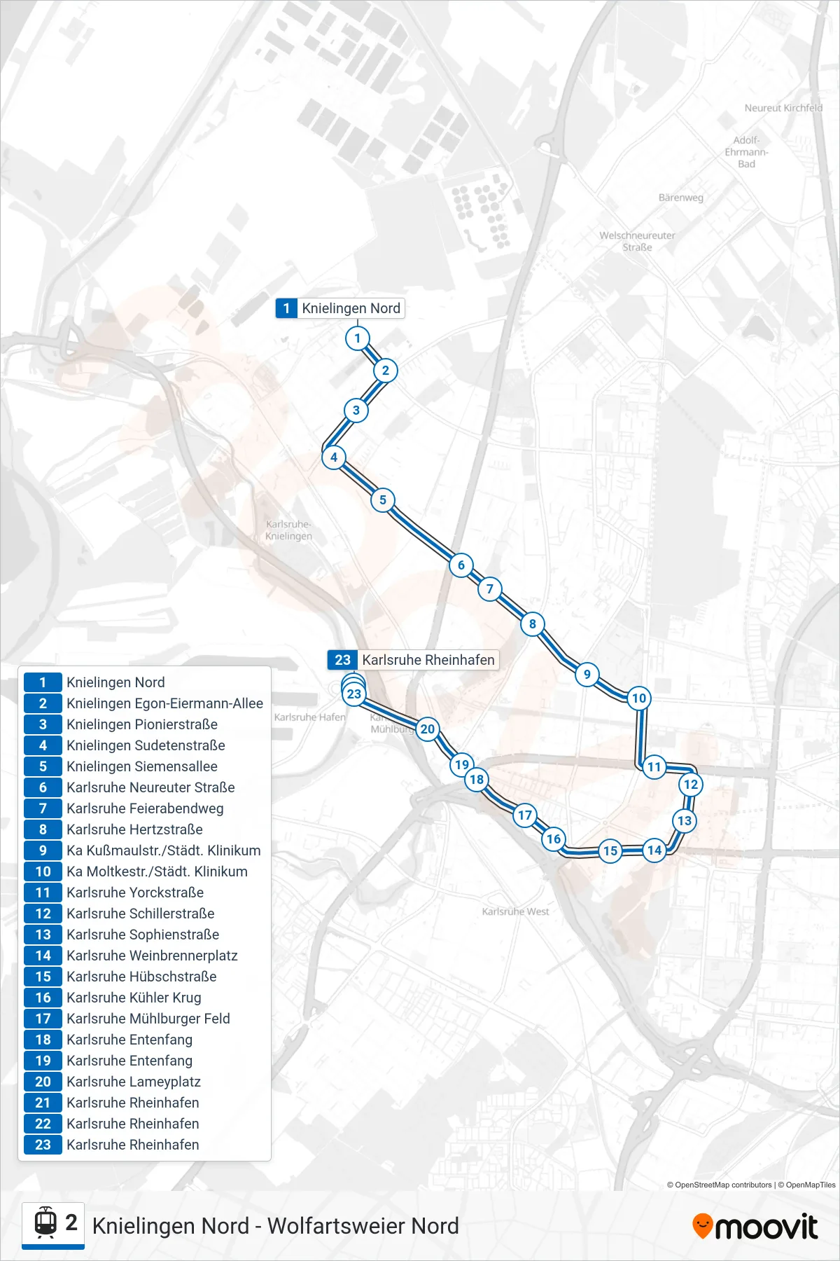 2 light rail Line (Karlsruhe Rheinhafen) route and stops on a map