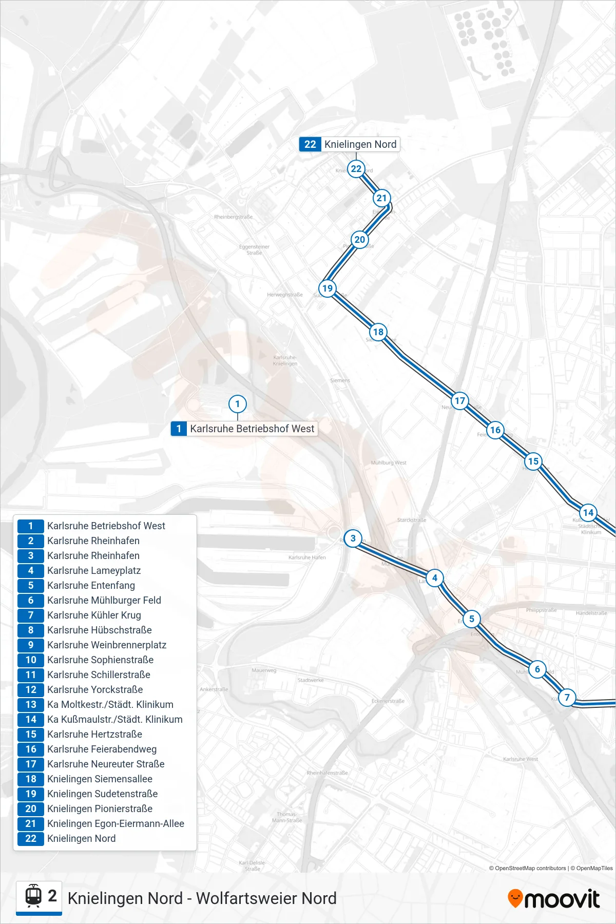 Linie 2 (Straßenbahn) Richtung Knielingen Nord: Route und Haltestellen auf der Karte