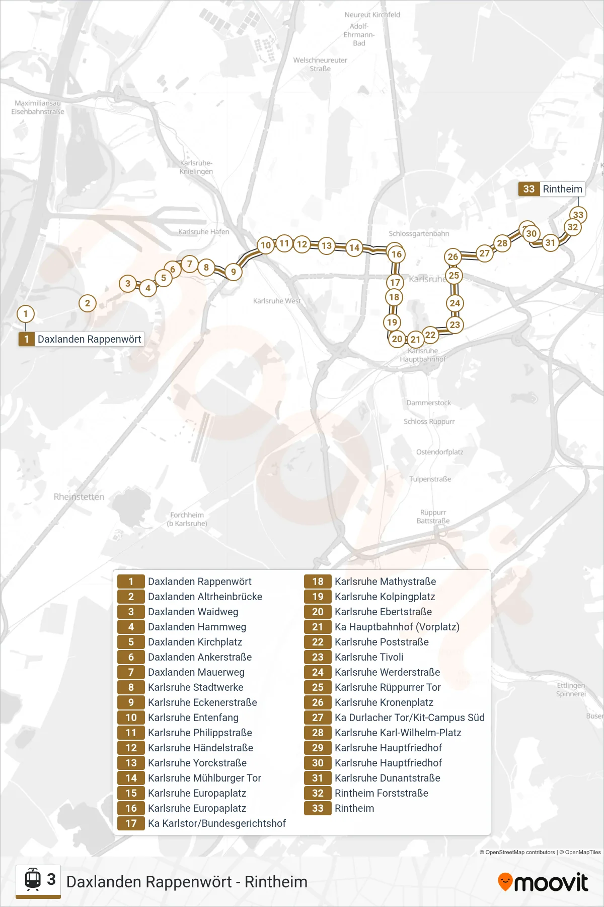 Linie 3 (Straßenbahn) Richtung Rintheim: Route und Haltestellen auf der Karte