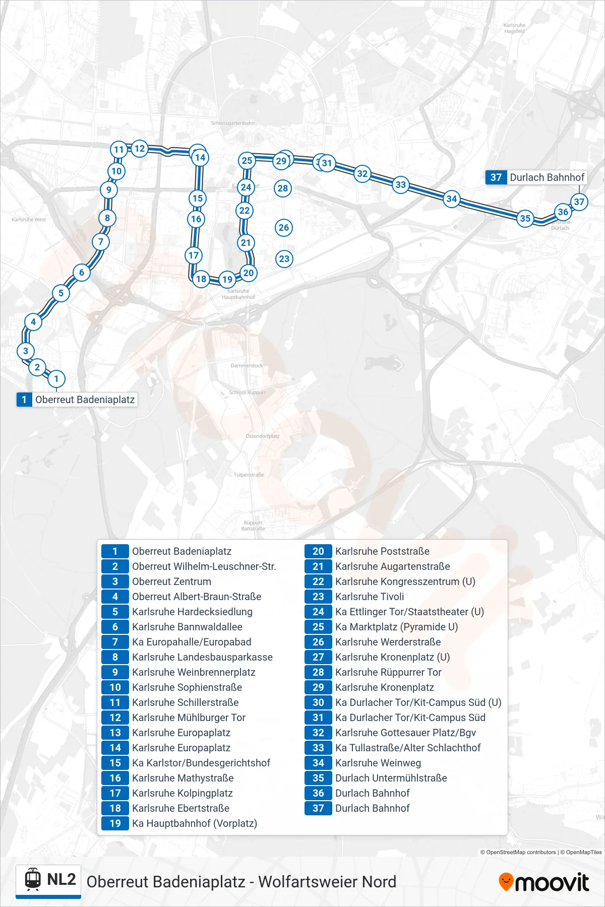 NL2 light rail Line (Durlach Bahnhof) route and stops on a map