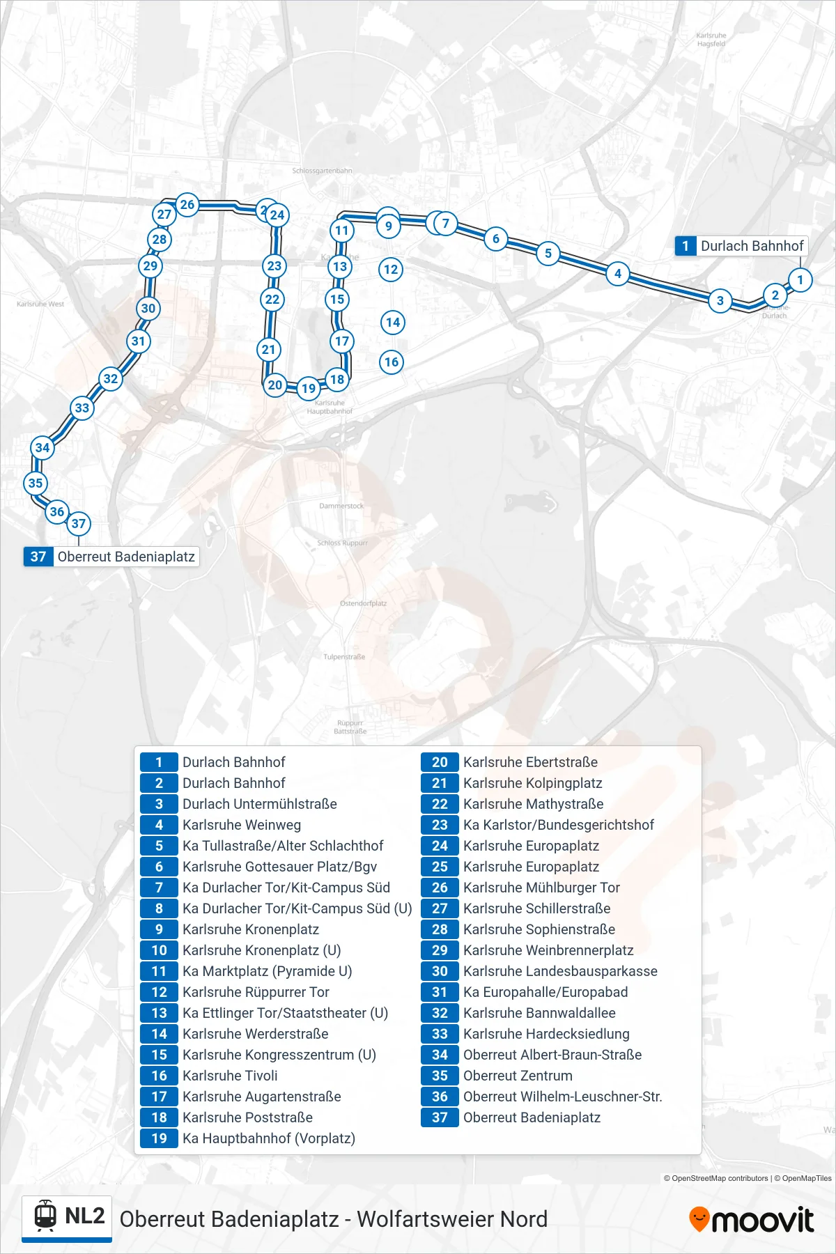 NL2 light rail Line (Oberreut Badeniaplatz) route and stops on a map