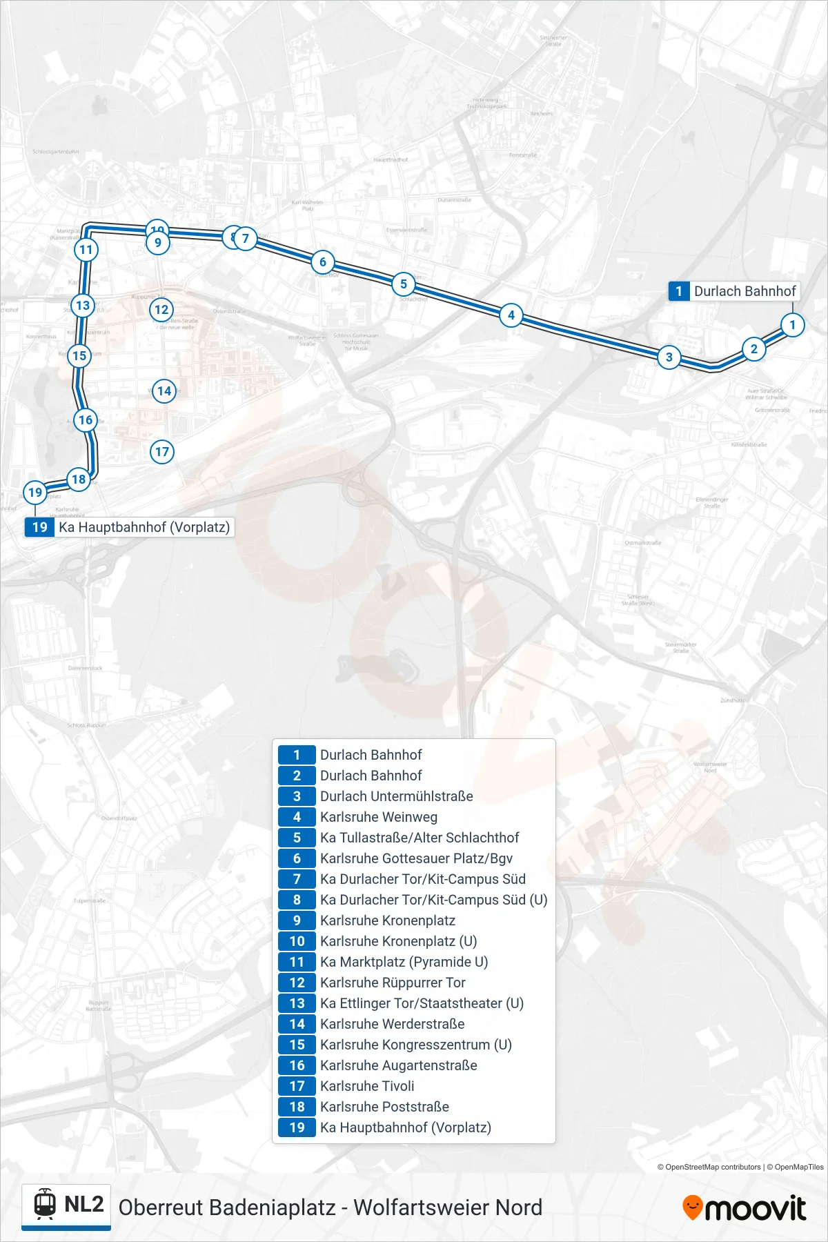 Linie NL2 (Straßenbahn) Richtung Ka Hauptbahnhof (Vorplatz): Route und Haltestellen auf der Karte