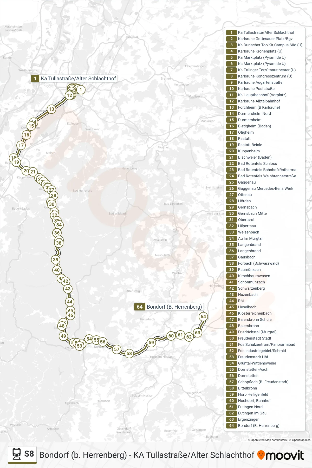 S8 rail Line (Bondorf (B. Herrenberg)) route and stops on a map