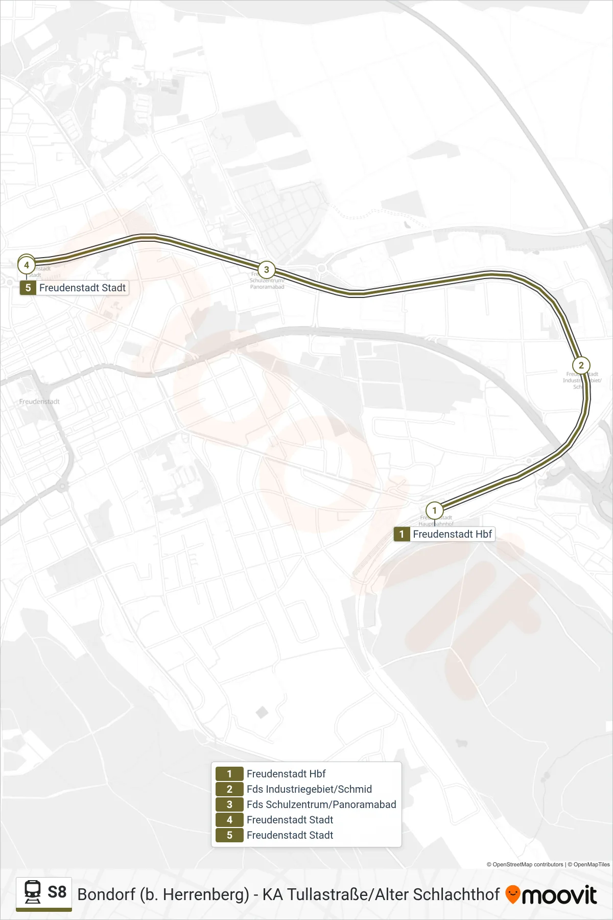 S8 rail Line (Freudenstadt Stadt) route and stops on a map