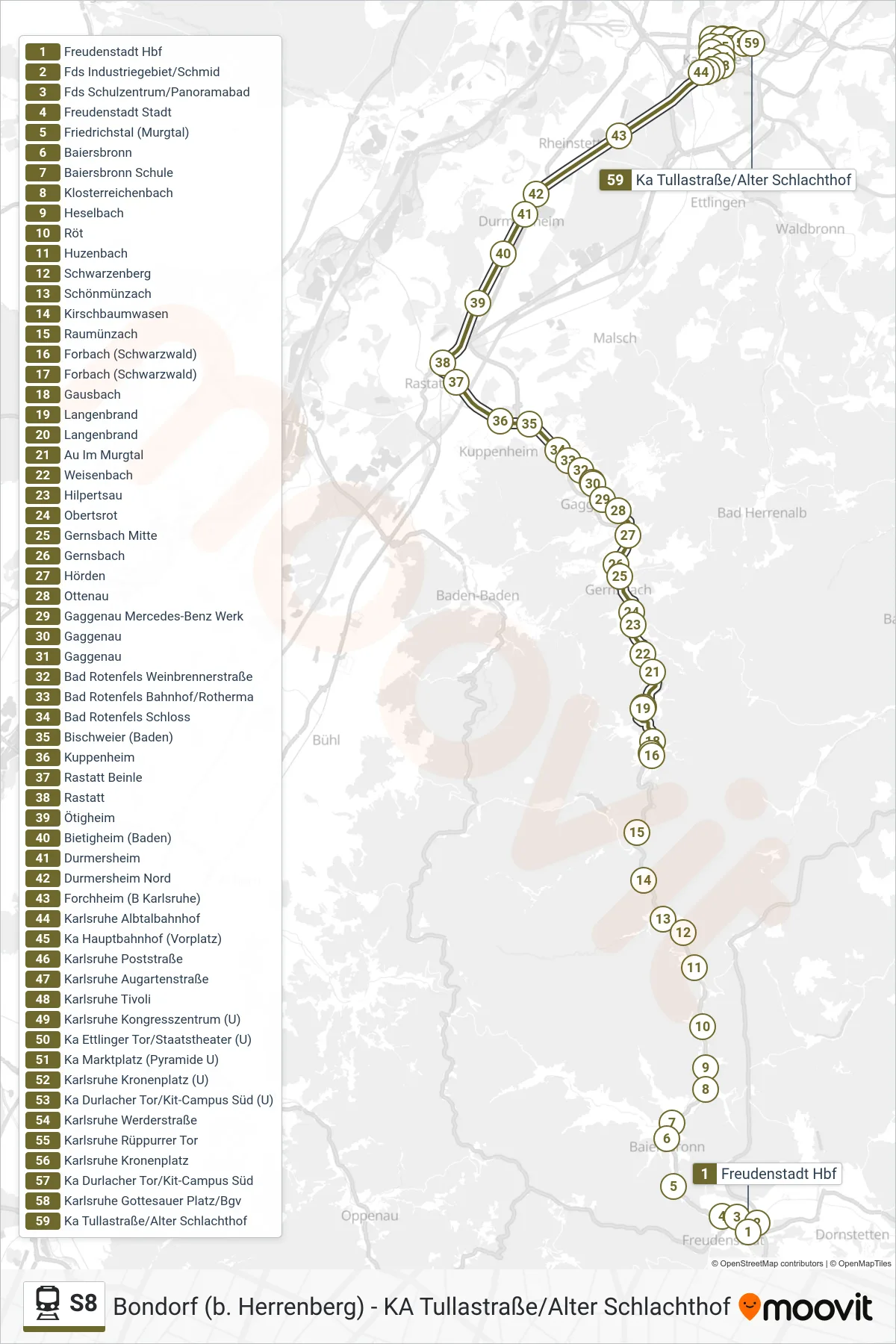 S8 train Line (Ka Tullastraße/Alter Schlachthof) route and stops on a map