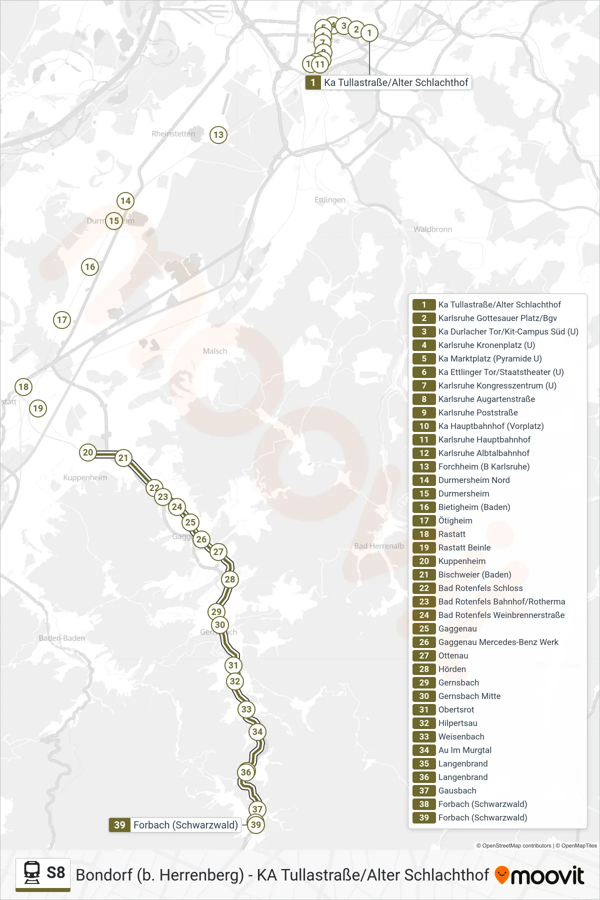 S8 train Line (Forbach (Schwarzwald)) route and stops on a map