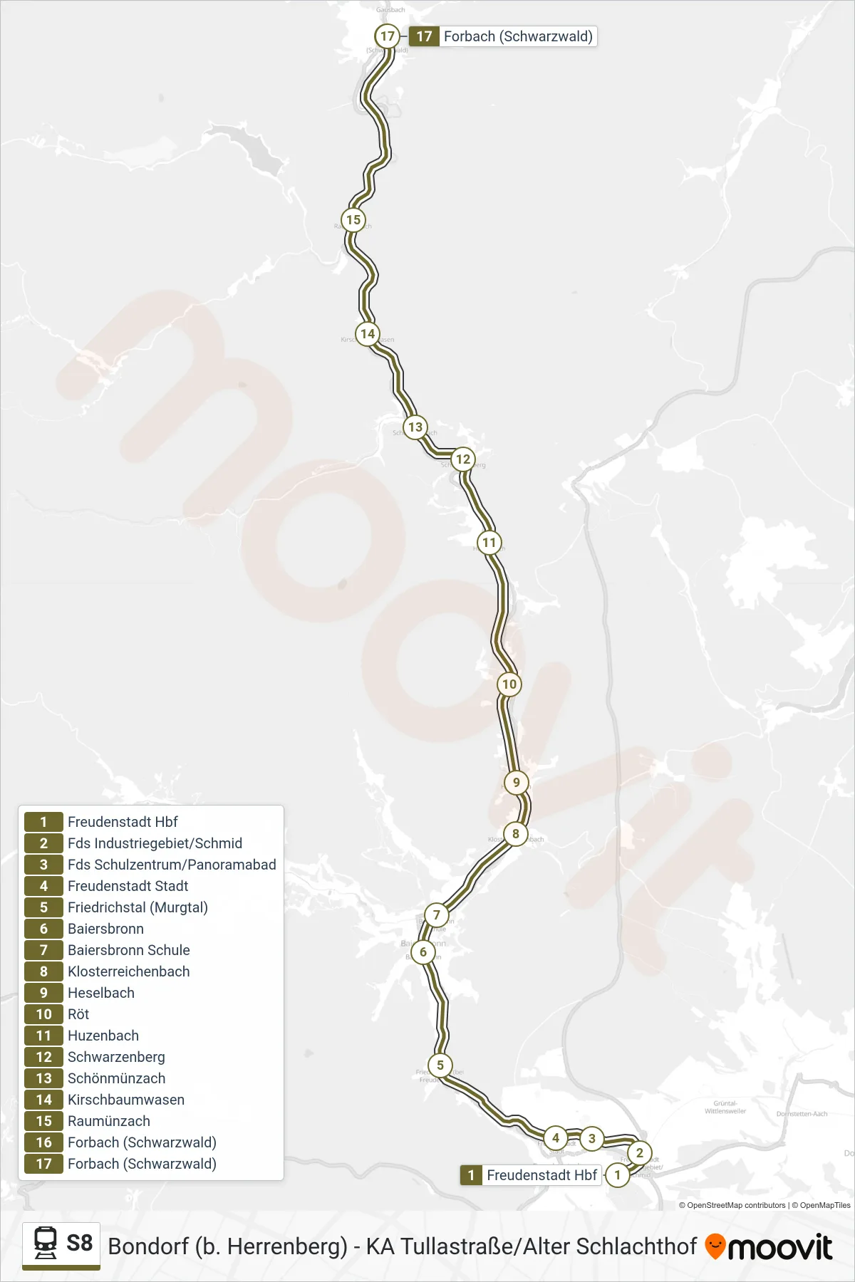 Linie S8 (Bahn) Richtung Forbach (Schwarzwald): Route und Haltestellen auf der Karte