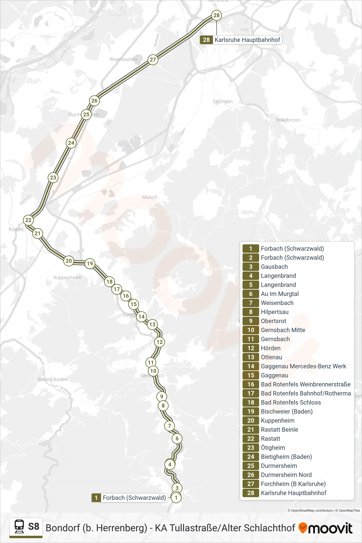 S8 train Line (Karlsruhe Hauptbahnhof) route and stops on a map