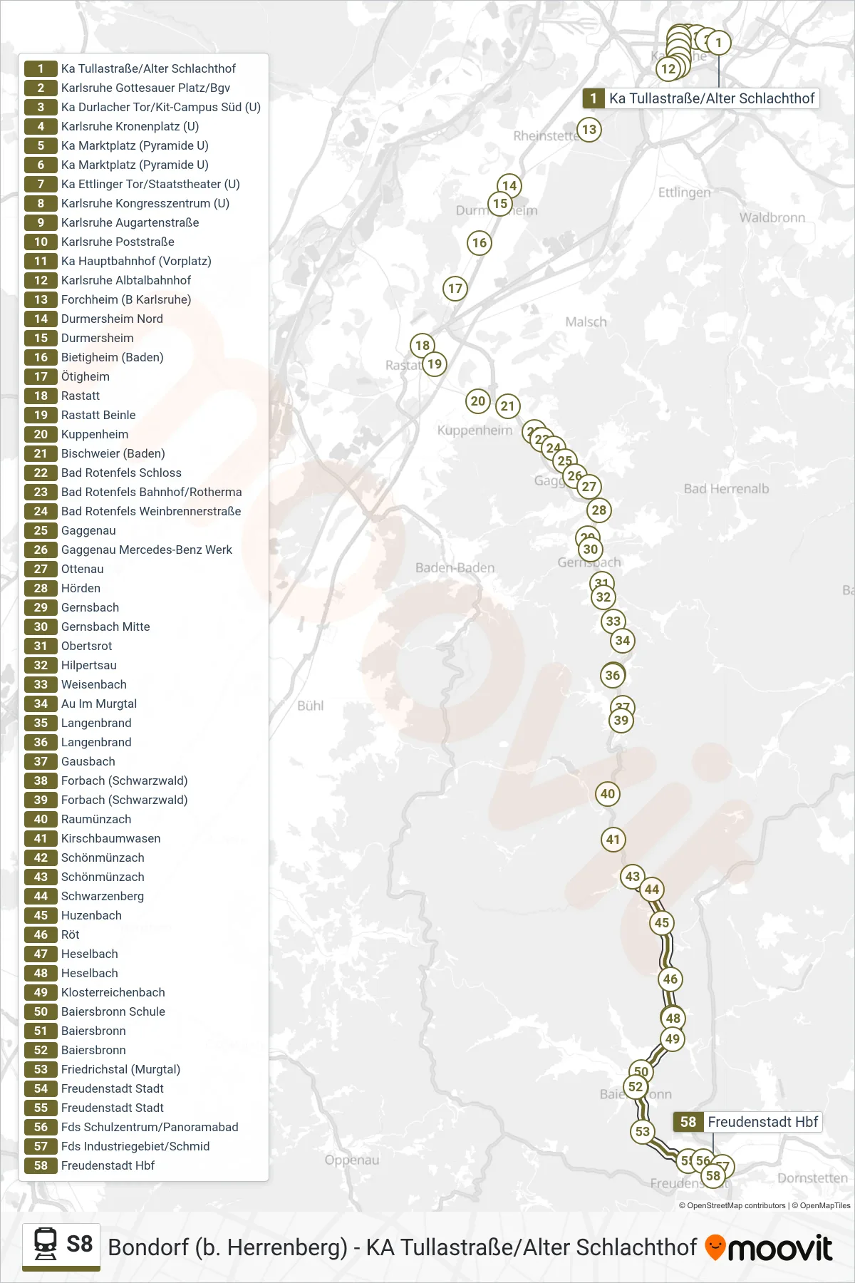 S8 train Line (Freudenstadt Hbf) route and stops on a map