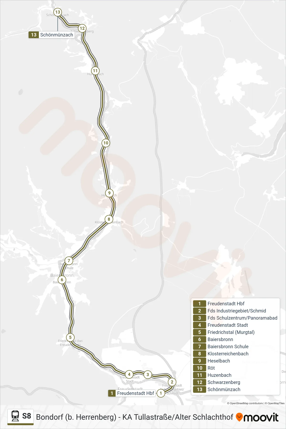 S8 train Line (Schönmünzach) route and stops on a map