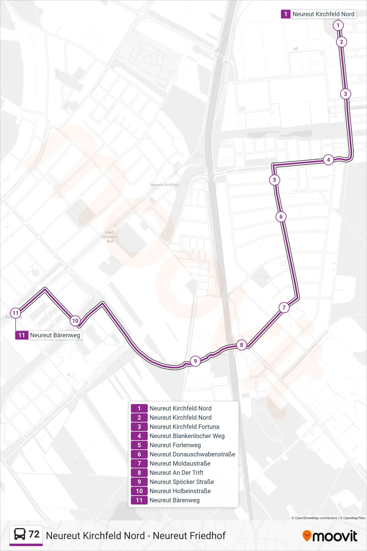 72 bus Line (Neureut Bärenweg) route and stops on a map