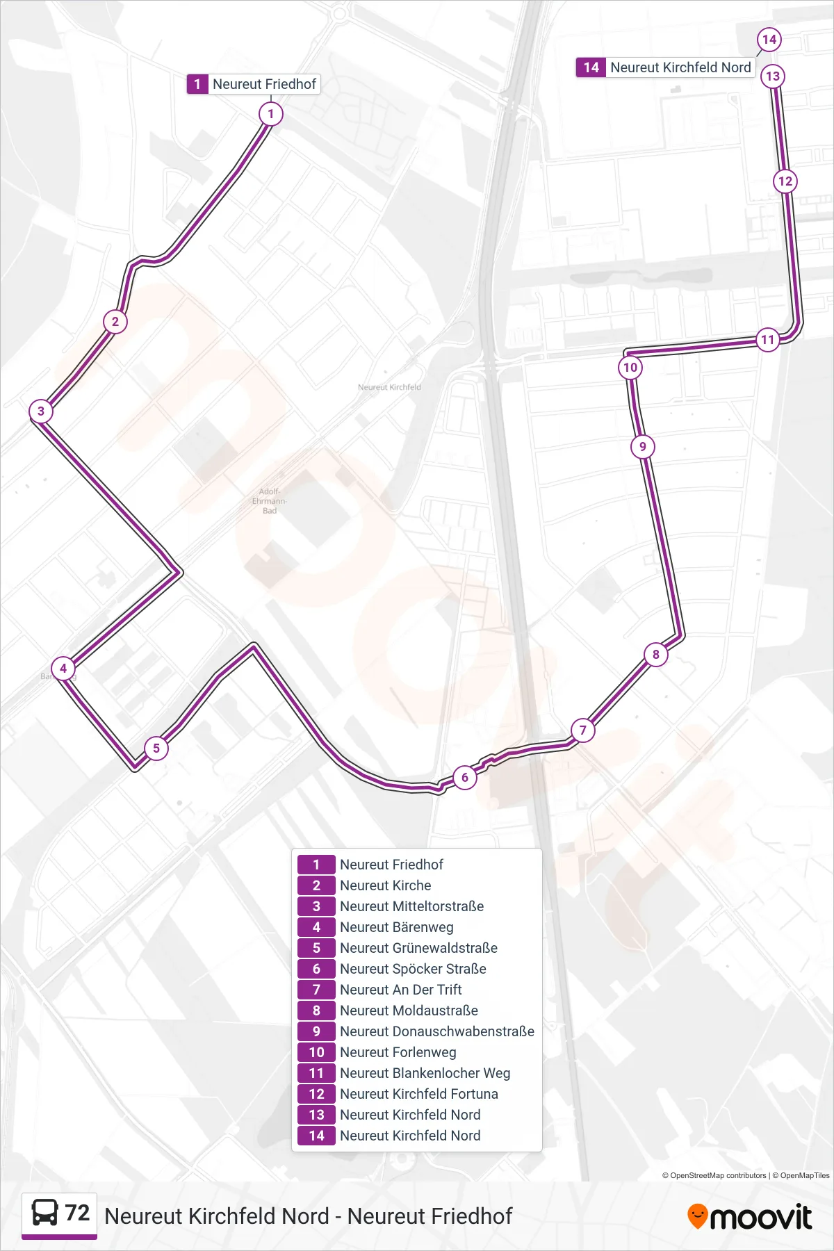 Linie 72 (Bus) Richtung Neureut Kirchfeld Nord: Route und Haltestellen auf der Karte