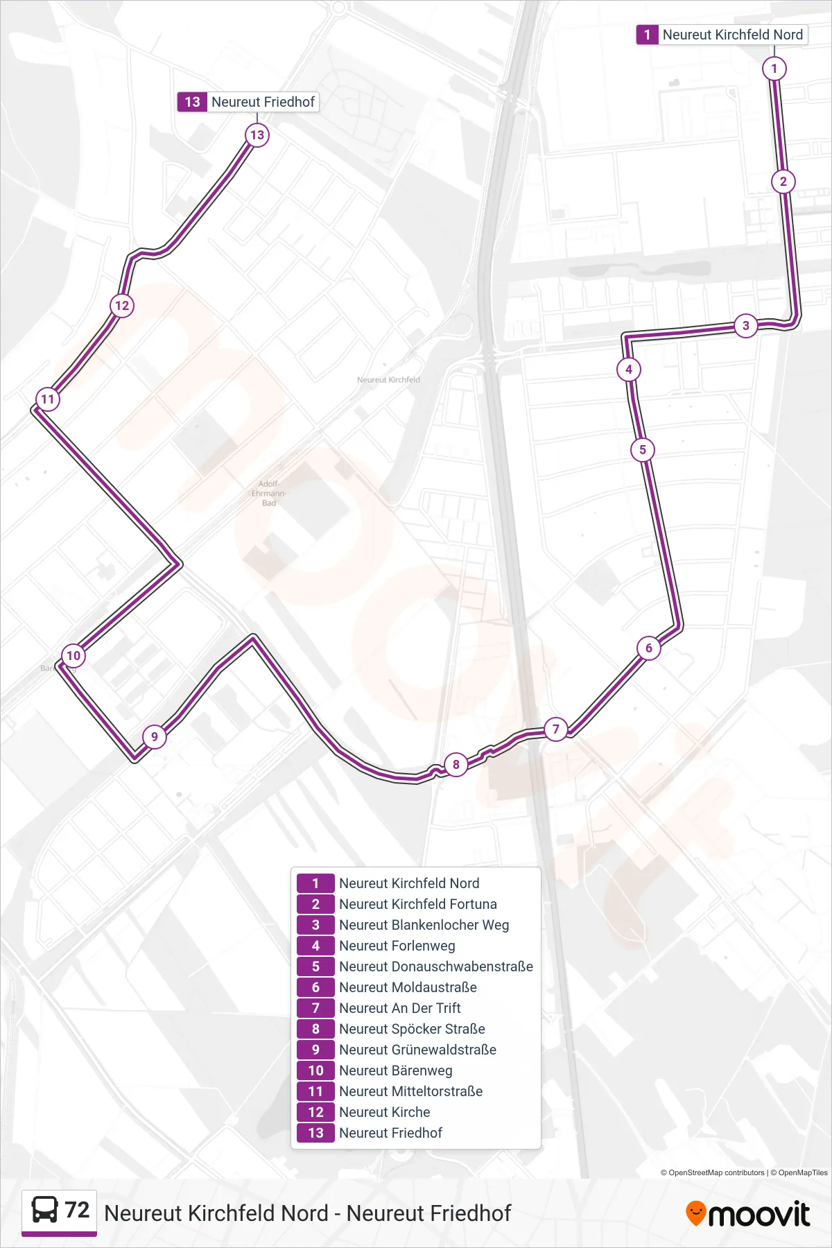 72 bus Line (Neureut Friedhof) route and stops on a map